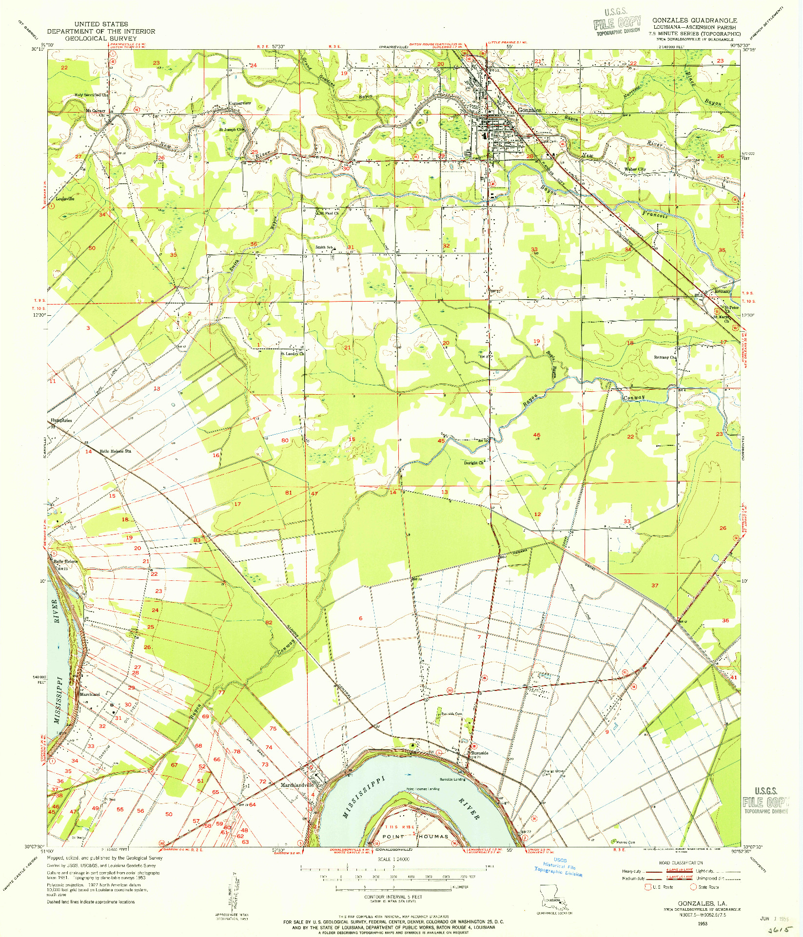 USGS 1:24000-SCALE QUADRANGLE FOR GONZALES, LA 1953
