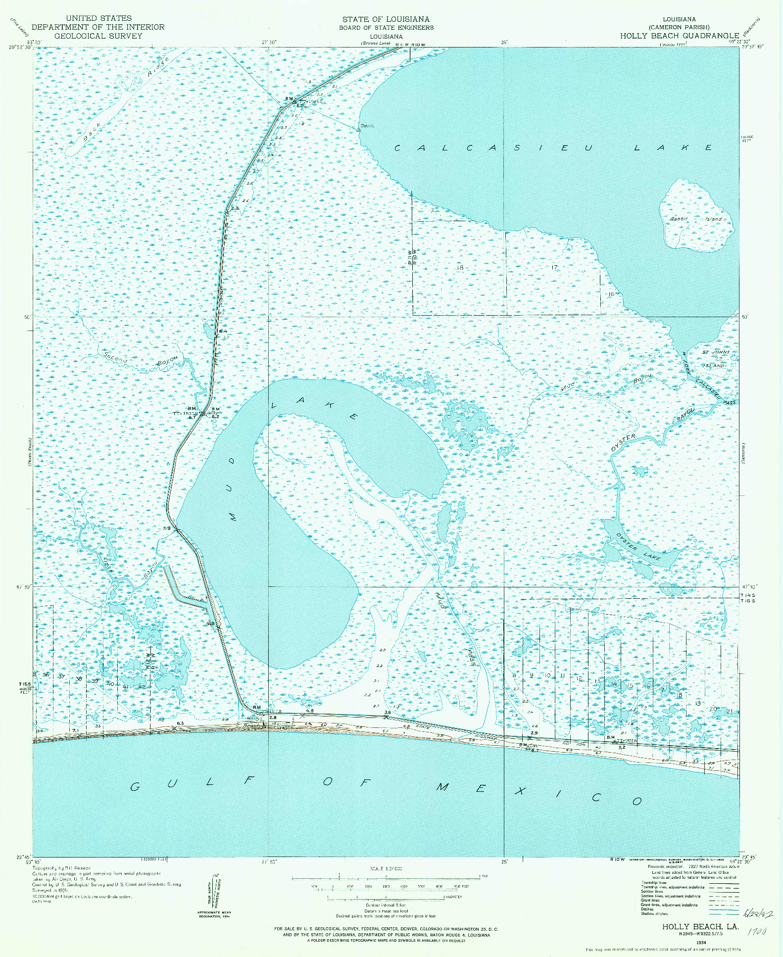 USGS 1:24000-SCALE QUADRANGLE FOR HOLLY BEACH, LA 1934