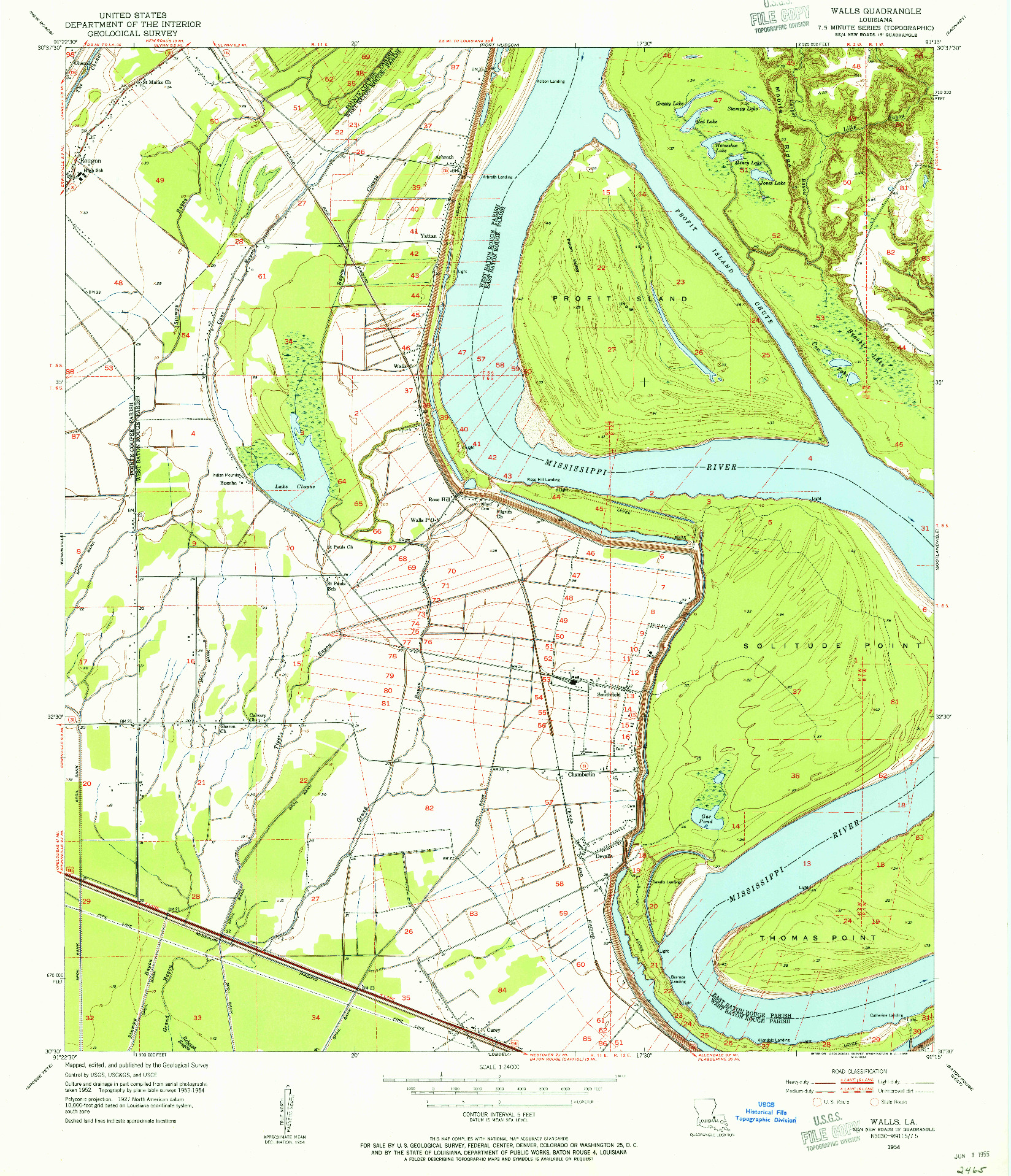 USGS 1:24000-SCALE QUADRANGLE FOR WALLS, LA 1954