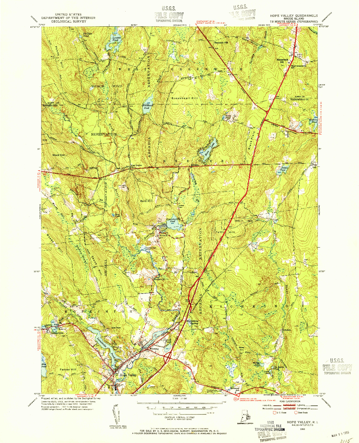 USGS 1:31680-SCALE QUADRANGLE FOR HOPE VALLEY, RI 1953
