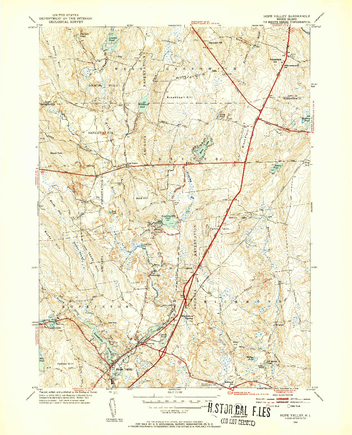 USGS 1:31680-SCALE QUADRANGLE FOR HOPE VALLEY, RI 1953