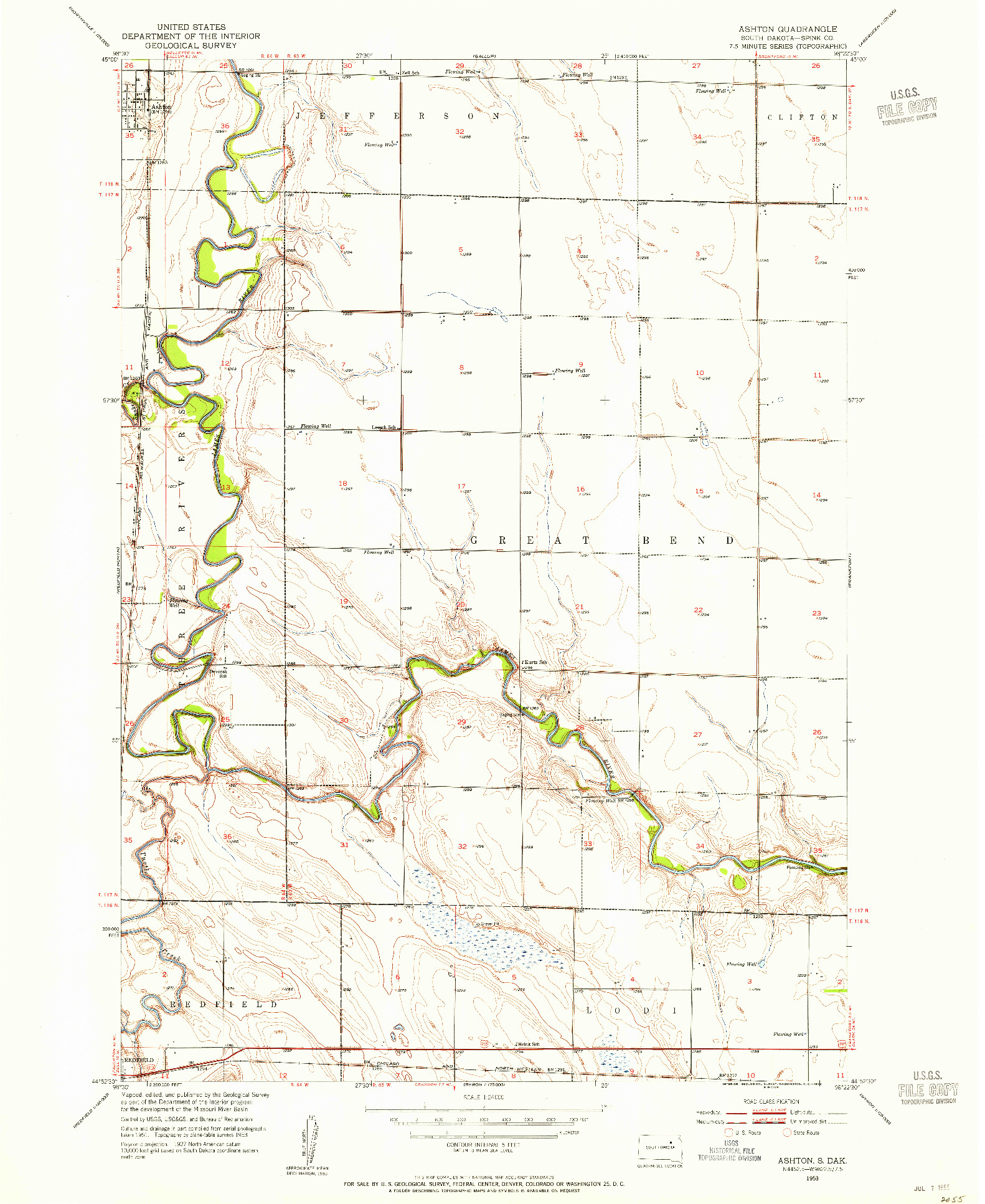 USGS 1:24000-SCALE QUADRANGLE FOR ASHTON, SD 1953