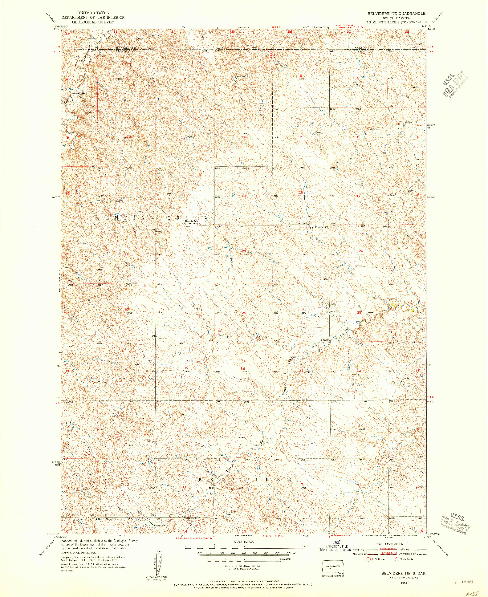 USGS 1:24000-SCALE QUADRANGLE FOR BELVIDERE NE, SD 1953
