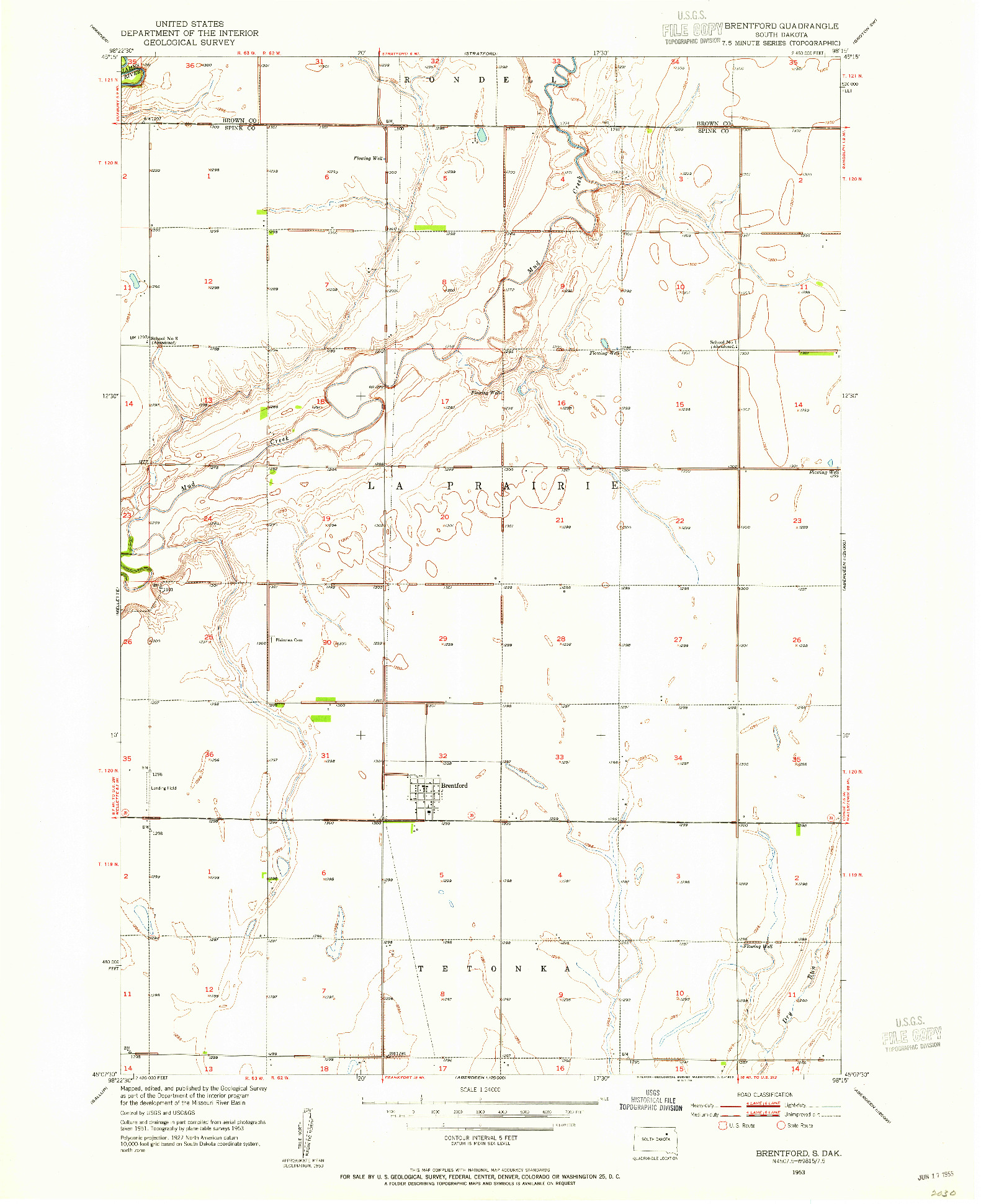 USGS 1:24000-SCALE QUADRANGLE FOR BRENTFORD, SD 1953