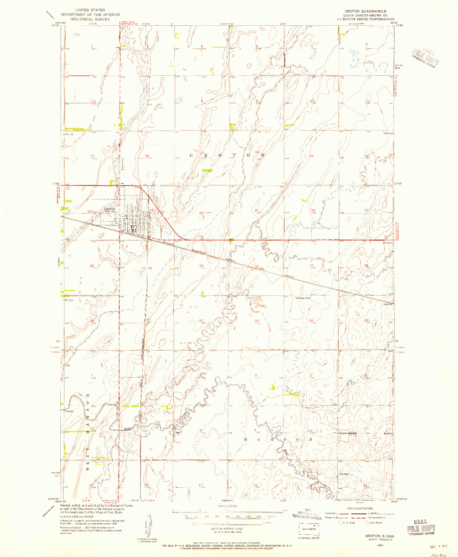 USGS 1:24000-SCALE QUADRANGLE FOR GROTON, SD 1954