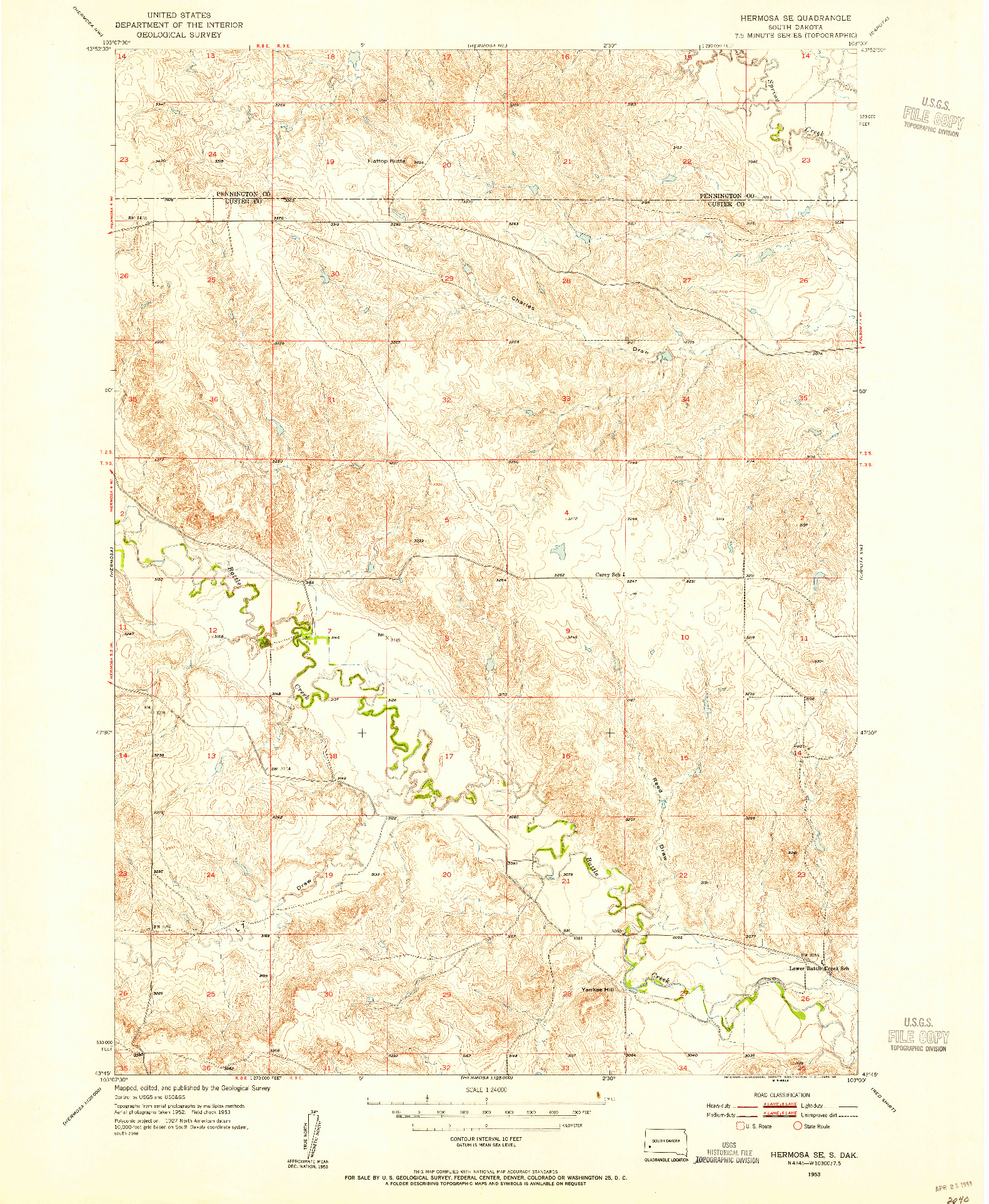 USGS 1:24000-SCALE QUADRANGLE FOR HERMOSA SE, SD 1953