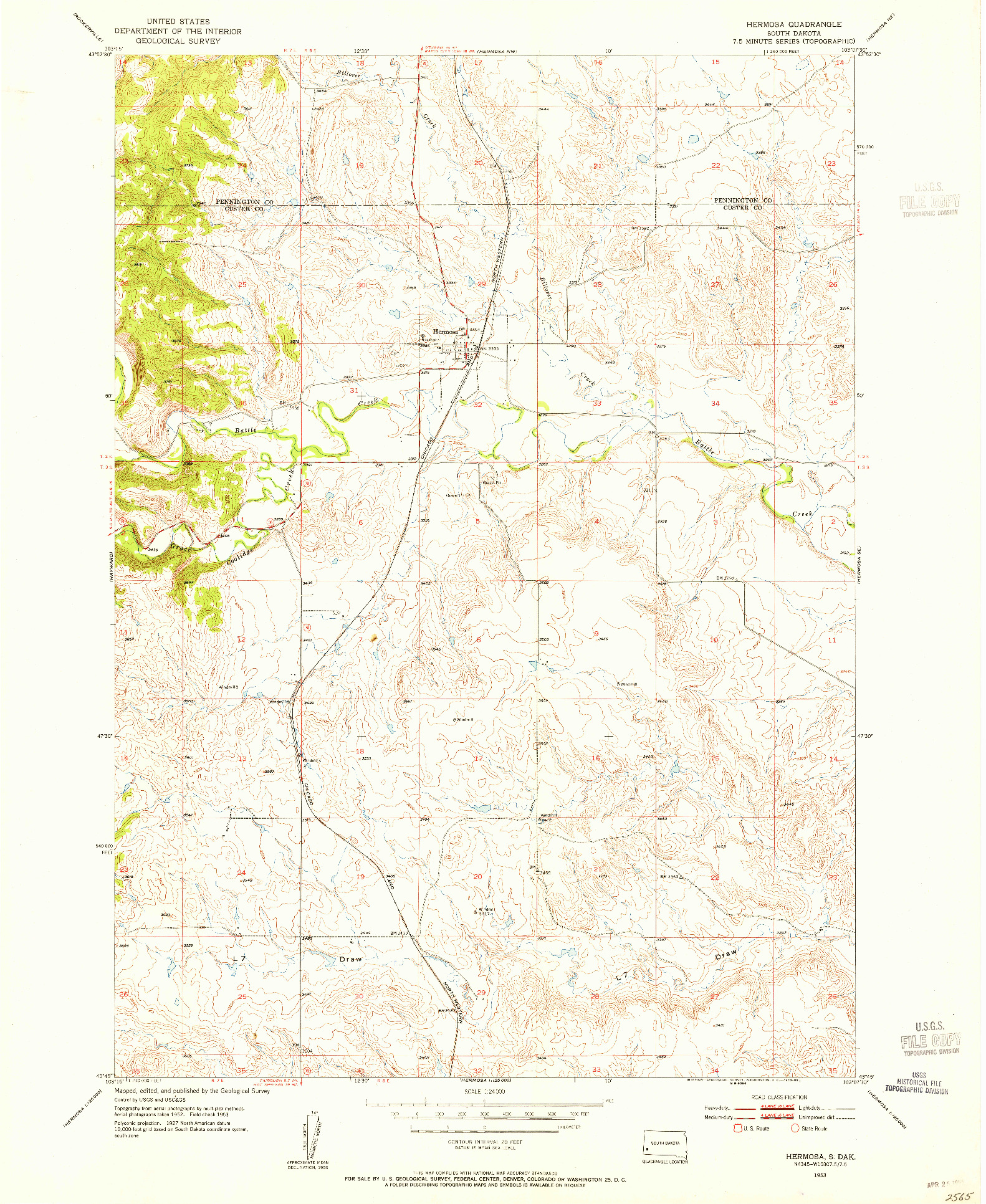 USGS 1:24000-SCALE QUADRANGLE FOR HERMOSA, SD 1953