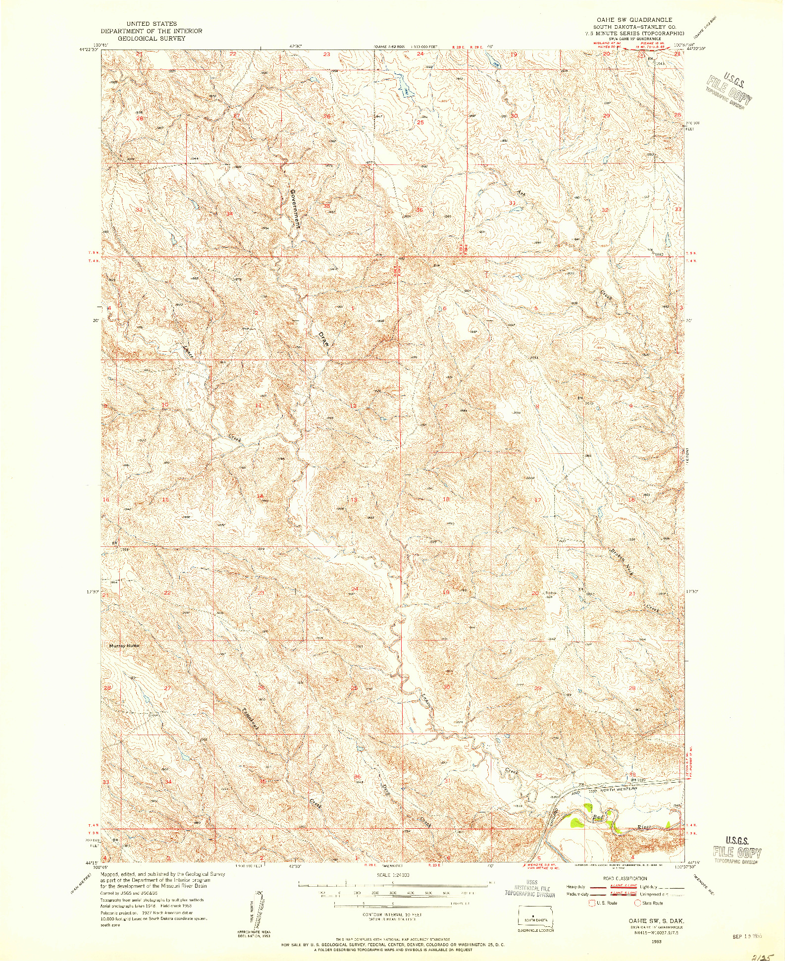 USGS 1:24000-SCALE QUADRANGLE FOR OAHE SW, SD 1953