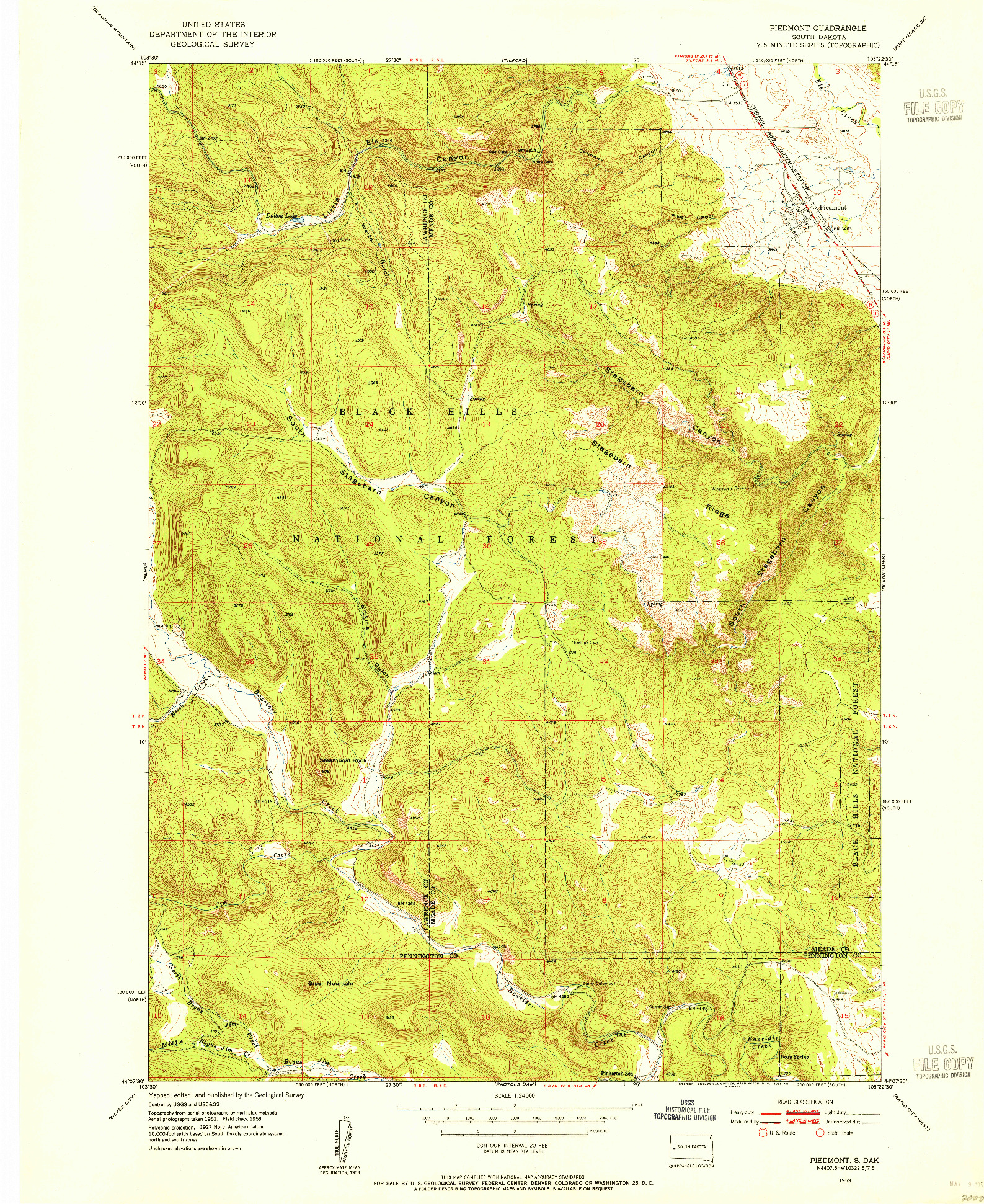 USGS 1:24000-SCALE QUADRANGLE FOR PIEDMONT, SD 1953