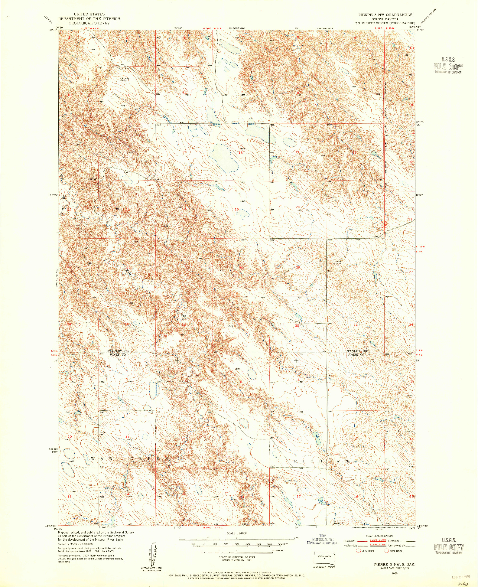 USGS 1:24000-SCALE QUADRANGLE FOR PIERRE 3 NW, SD 1953