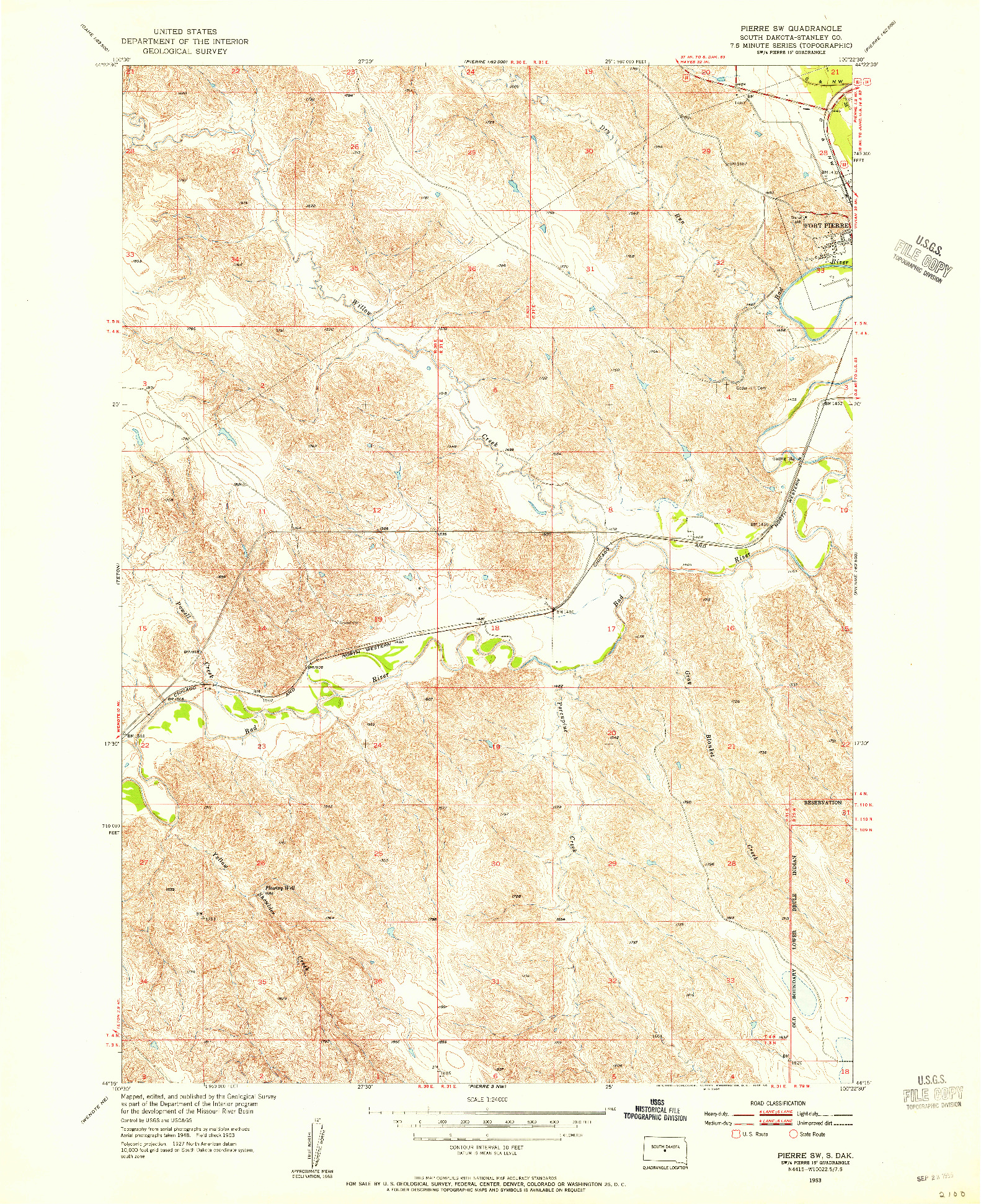 USGS 1:24000-SCALE QUADRANGLE FOR PIERRE SW, SD 1953