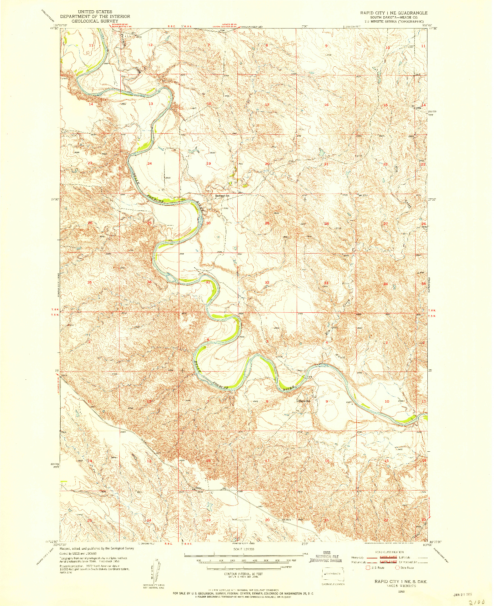 USGS 1:24000-SCALE QUADRANGLE FOR RAPID CITY 1 NE, SD 1953