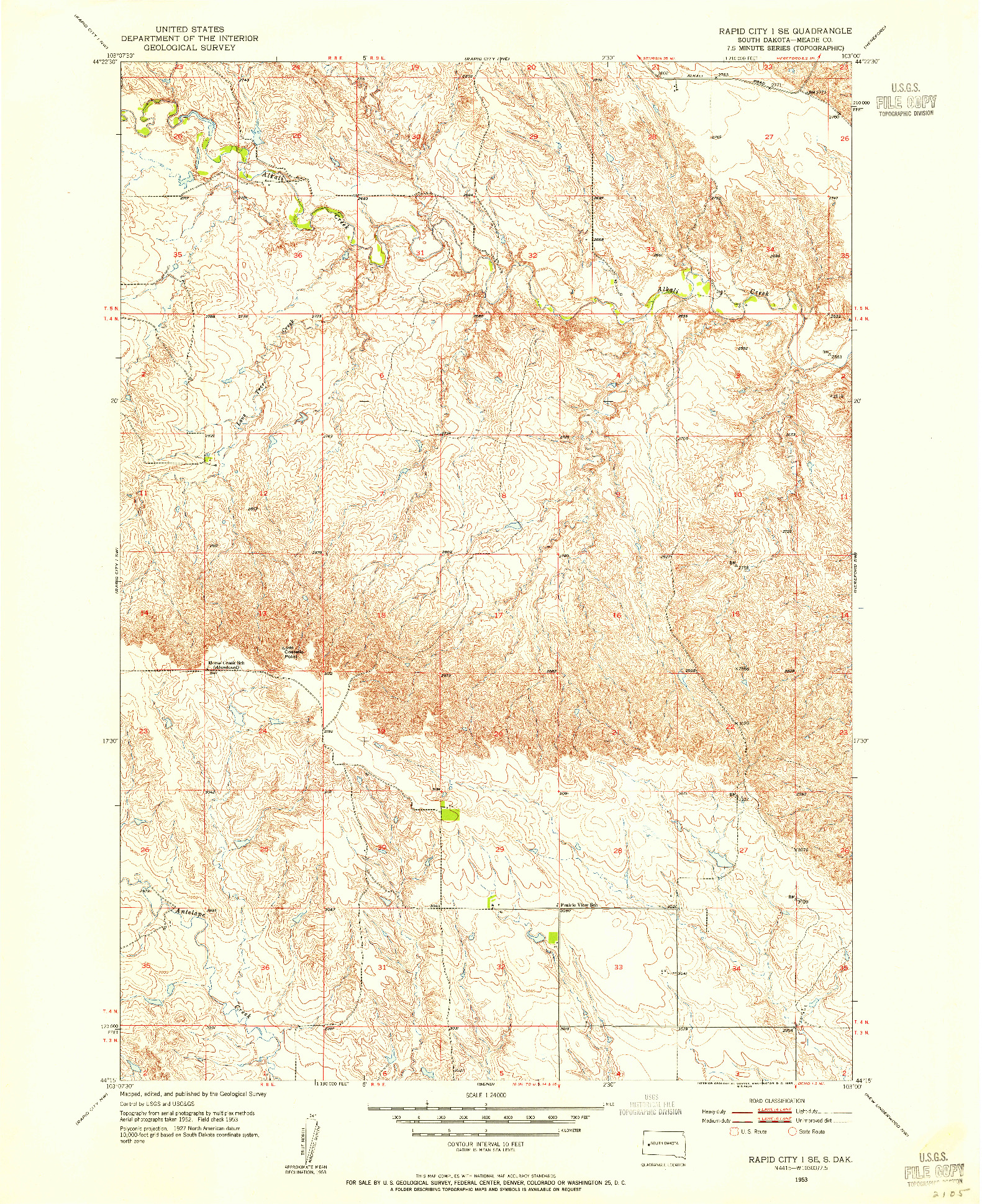 USGS 1:24000-SCALE QUADRANGLE FOR RAPID CITY 1 SE, SD 1953