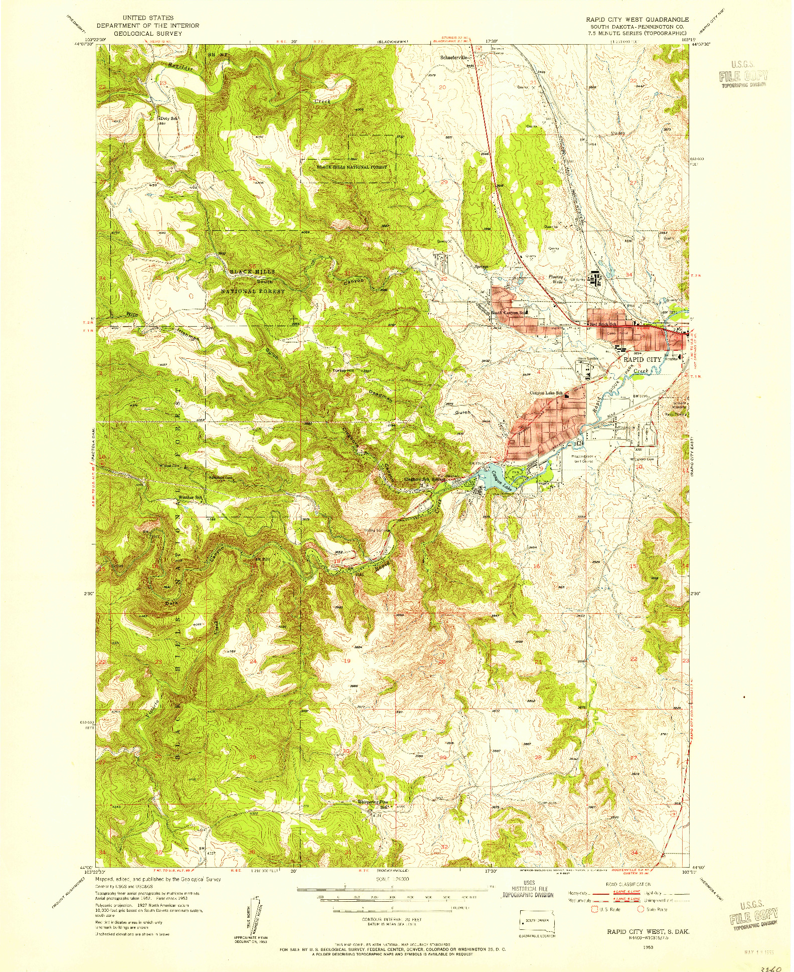 USGS 1:24000-SCALE QUADRANGLE FOR RAPID CITY WEST, SD 1953