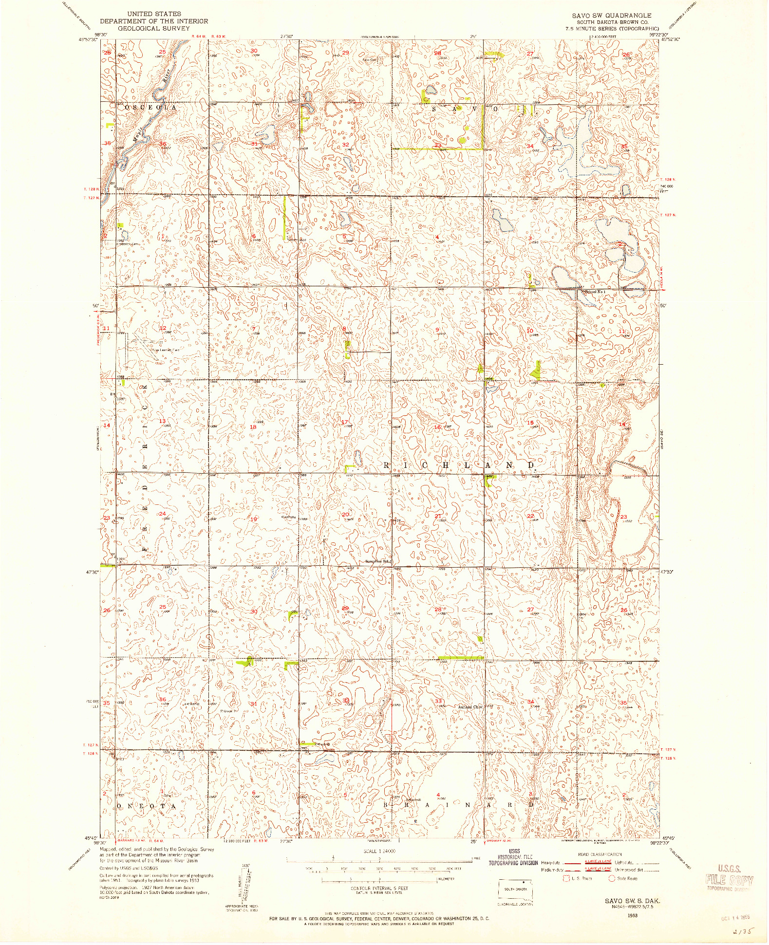 USGS 1:24000-SCALE QUADRANGLE FOR SAVO SW, SD 1953