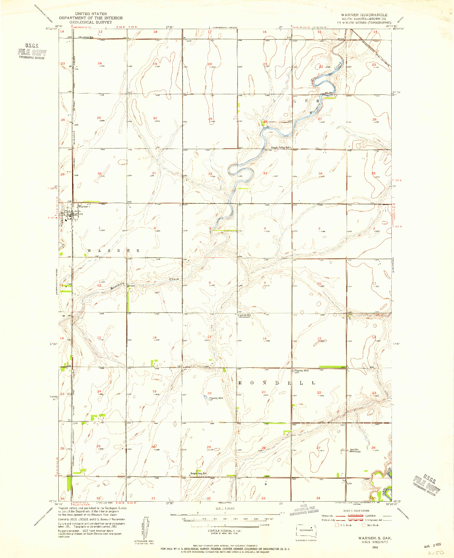 USGS 1:24000-SCALE QUADRANGLE FOR WARNER, SD 1953