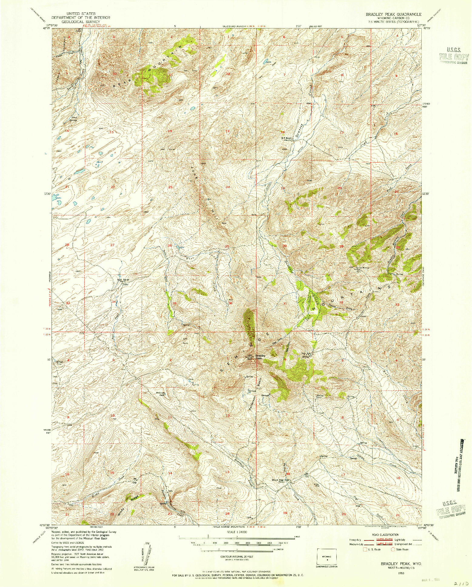 USGS 1:24000-SCALE QUADRANGLE FOR BRADLEY PEAK, WY 1953