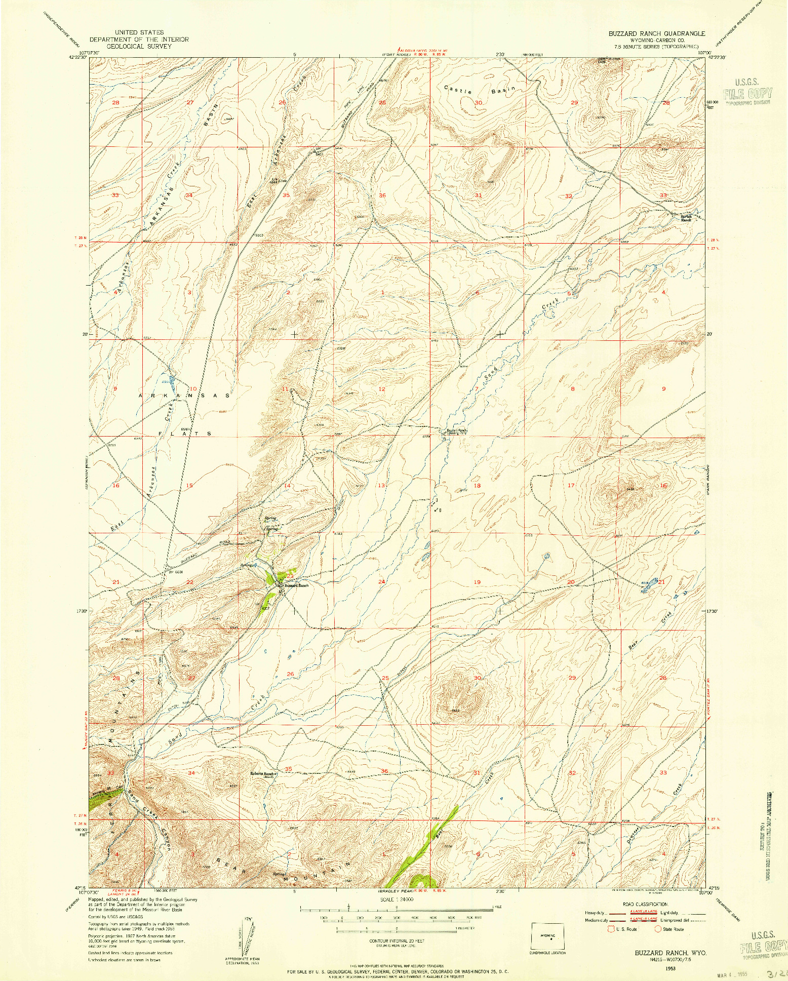 USGS 1:24000-SCALE QUADRANGLE FOR BUZZARD RANCH, WY 1953