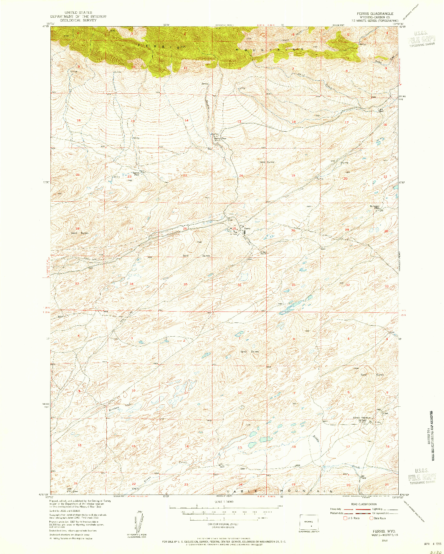 USGS 1:24000-SCALE QUADRANGLE FOR FERRIS, WY 1953