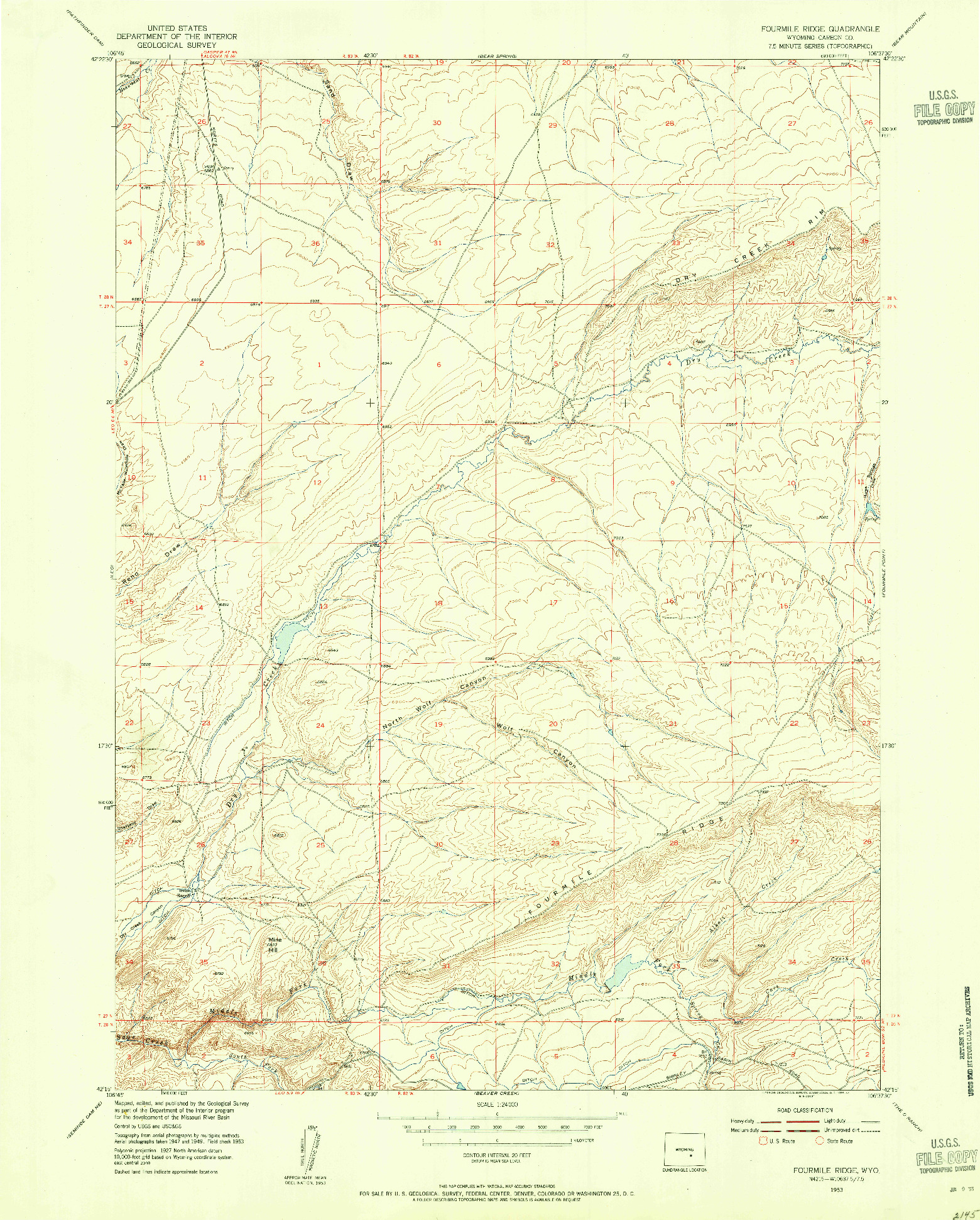 USGS 1:24000-SCALE QUADRANGLE FOR FOURMILE RIDGE, WY 1953