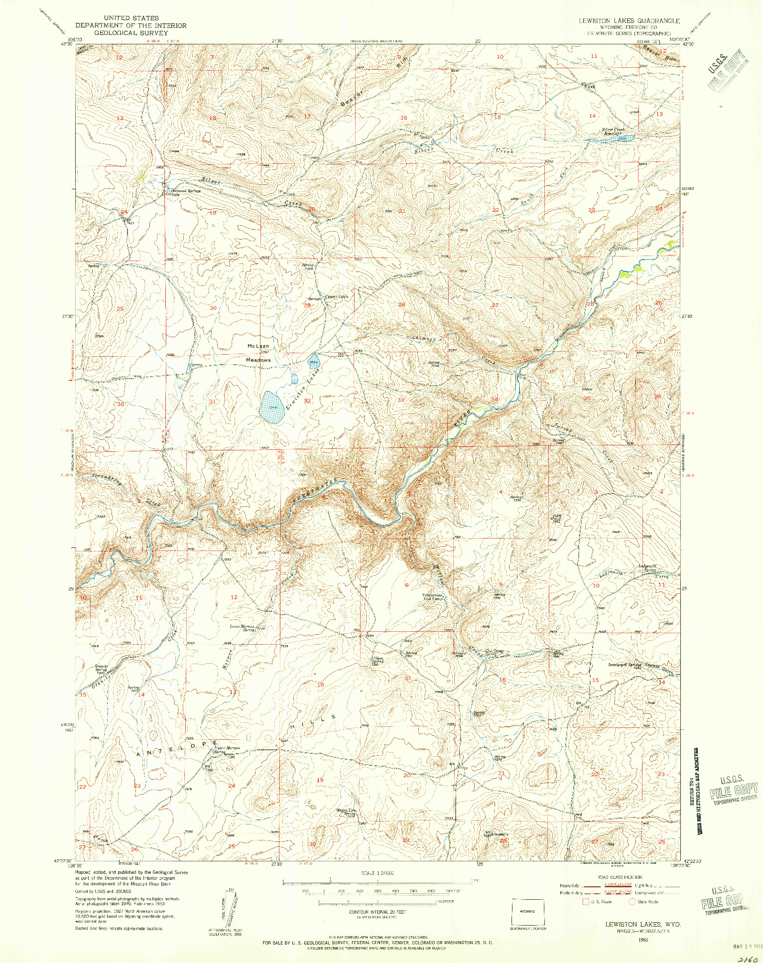 USGS 1:24000-SCALE QUADRANGLE FOR LEWISTON LAKES, WY 1953