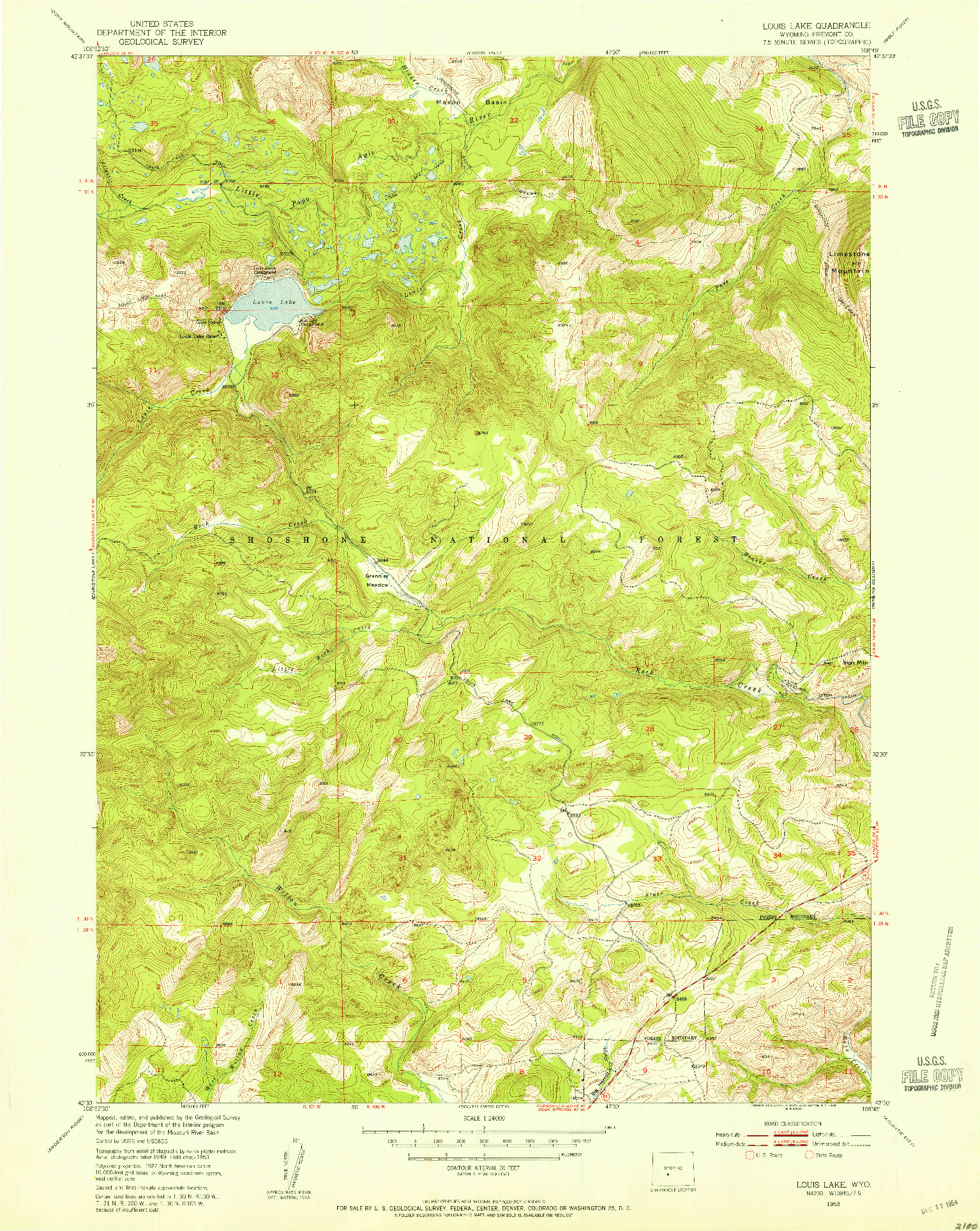 USGS 1:24000-SCALE QUADRANGLE FOR LOUIS LAKE, WY 1953