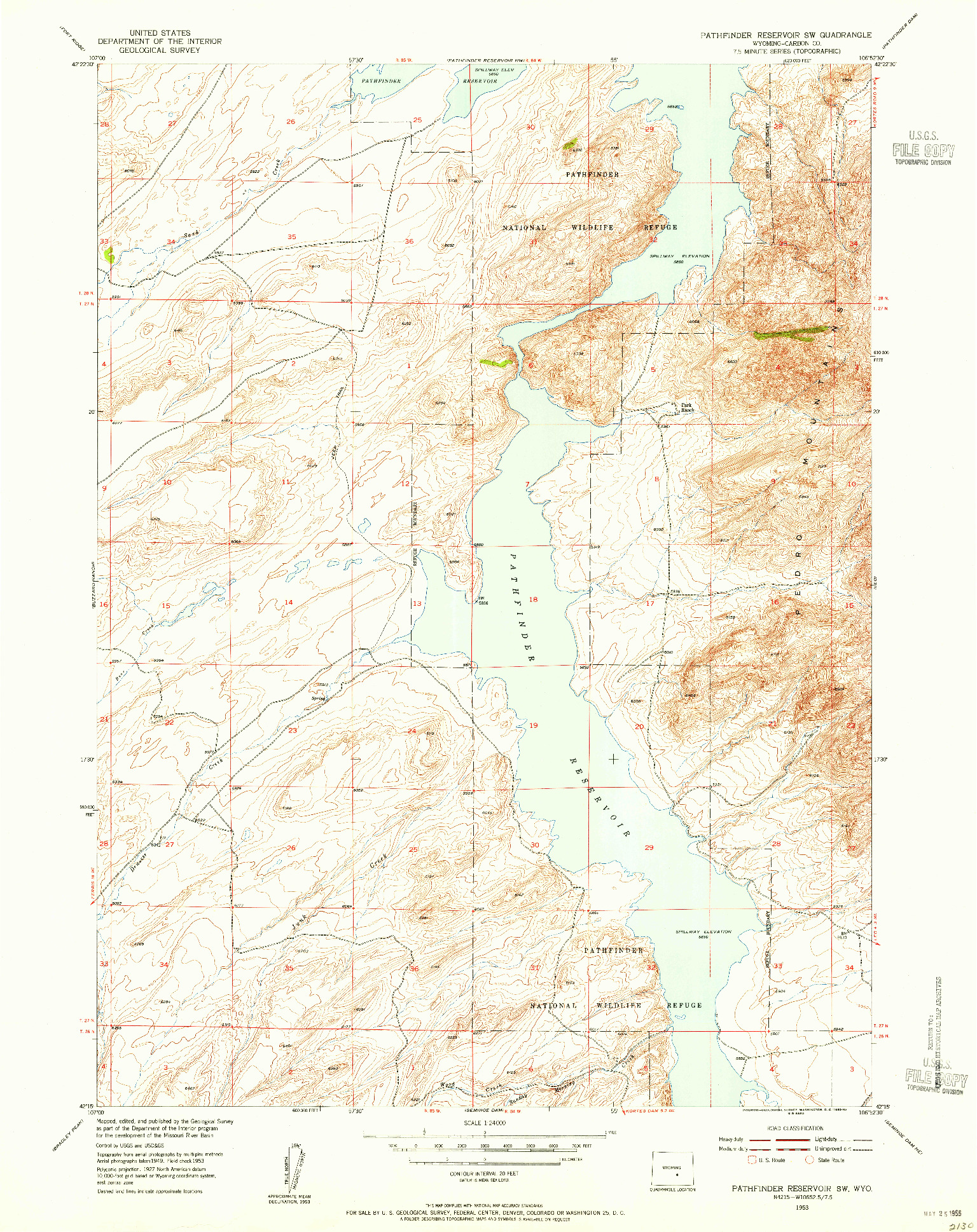 USGS 1:24000-SCALE QUADRANGLE FOR PATHFINDER RESERVOIR SW, WY 1953