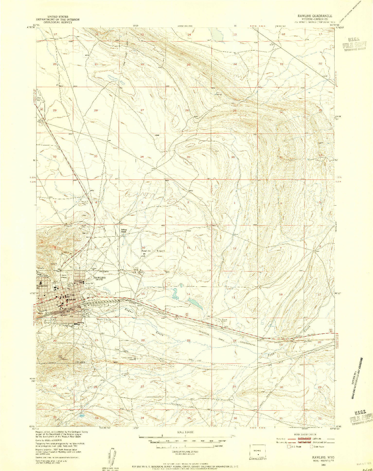 USGS 1:24000-SCALE QUADRANGLE FOR RAWLINS, WY 1953