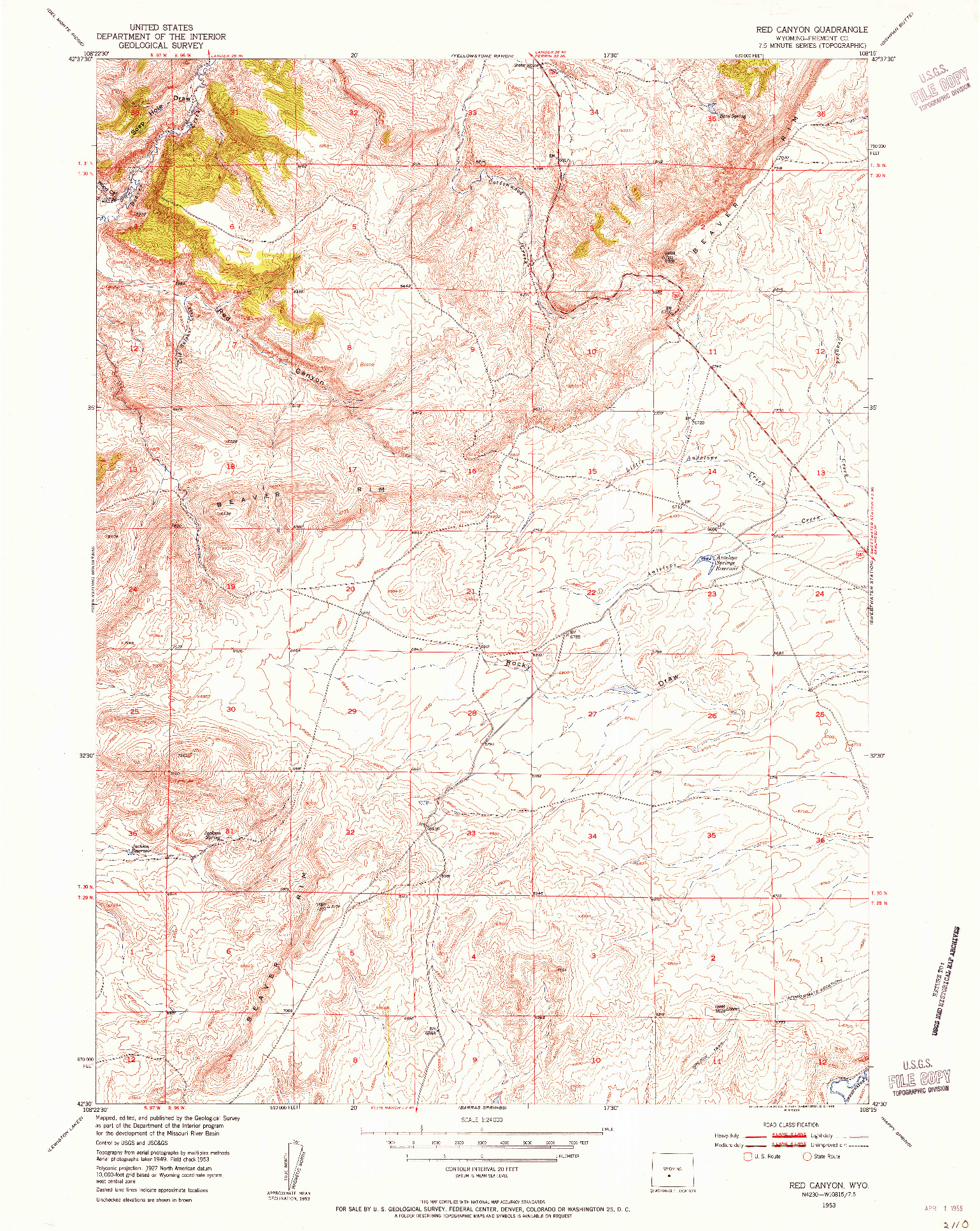 USGS 1:24000-SCALE QUADRANGLE FOR RED CANYON, WY 1953