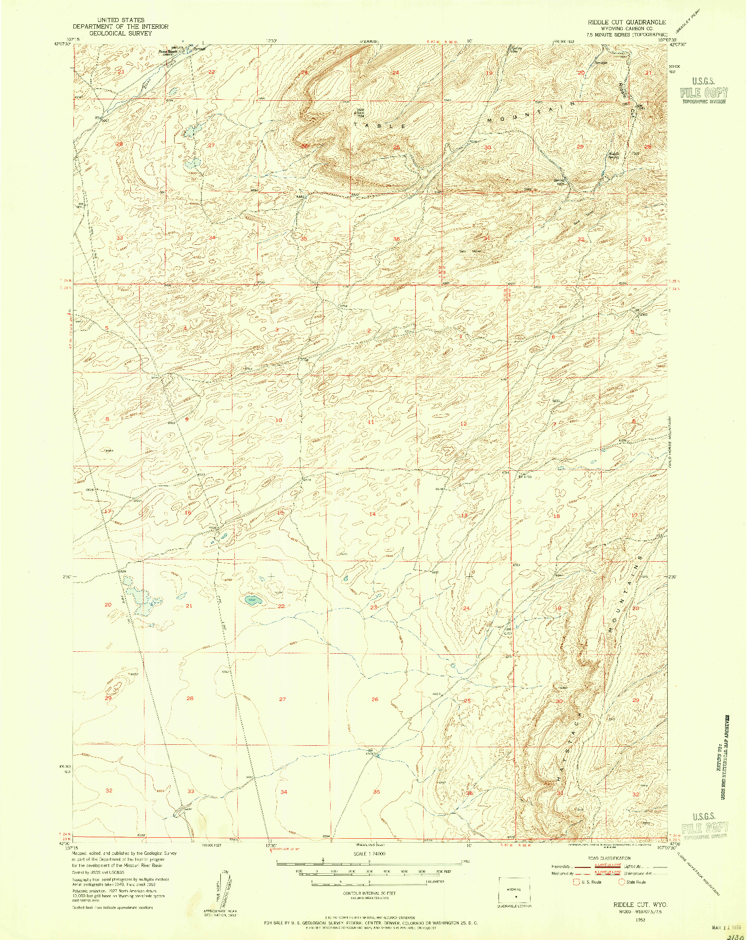 USGS 1:24000-SCALE QUADRANGLE FOR RIDDLE CUT, WY 1953