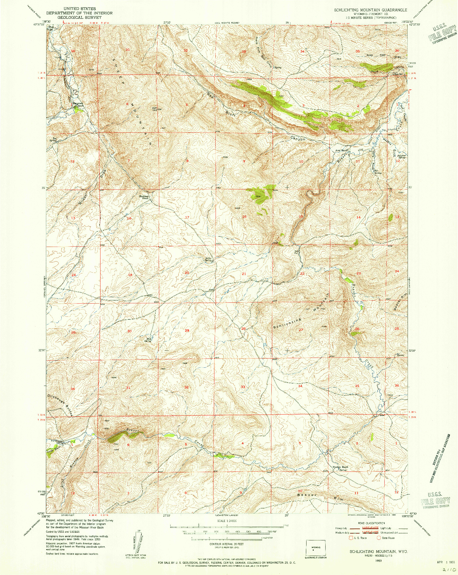 USGS 1:24000-SCALE QUADRANGLE FOR SCHLICHTING MOUNTAIN, WY 1953