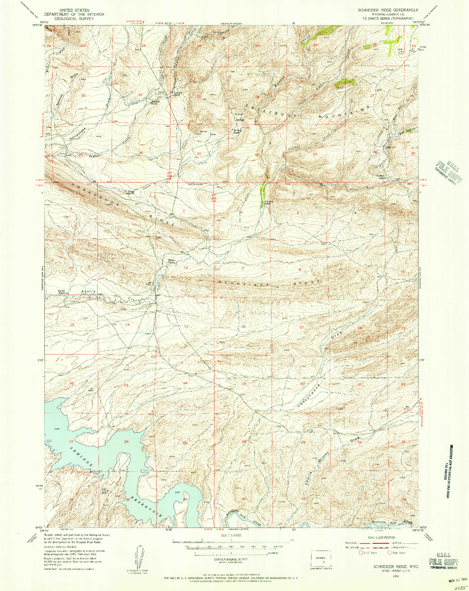 USGS 1:24000-SCALE QUADRANGLE FOR SCHNEIDER RIDGE, WY 1953