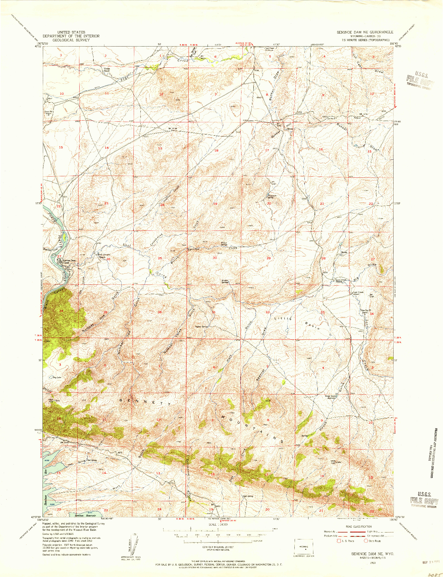 USGS 1:24000-SCALE QUADRANGLE FOR SEMINOE DAM NE, WY 1953