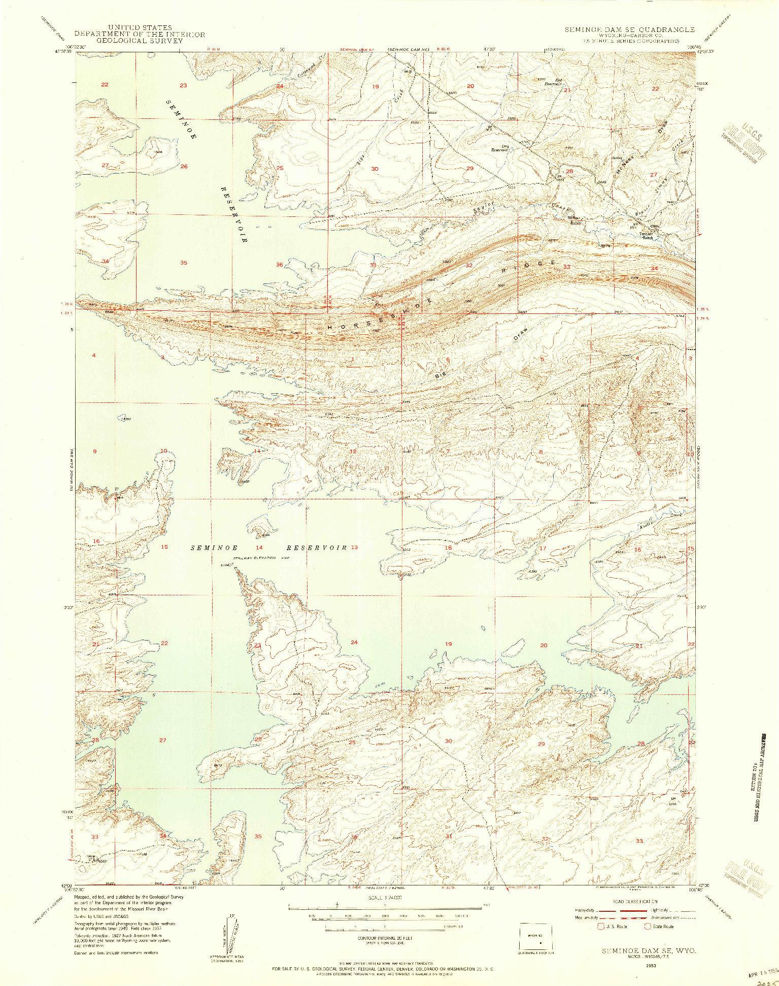USGS 1:24000-SCALE QUADRANGLE FOR SEMINOE DAM SE, WY 1953