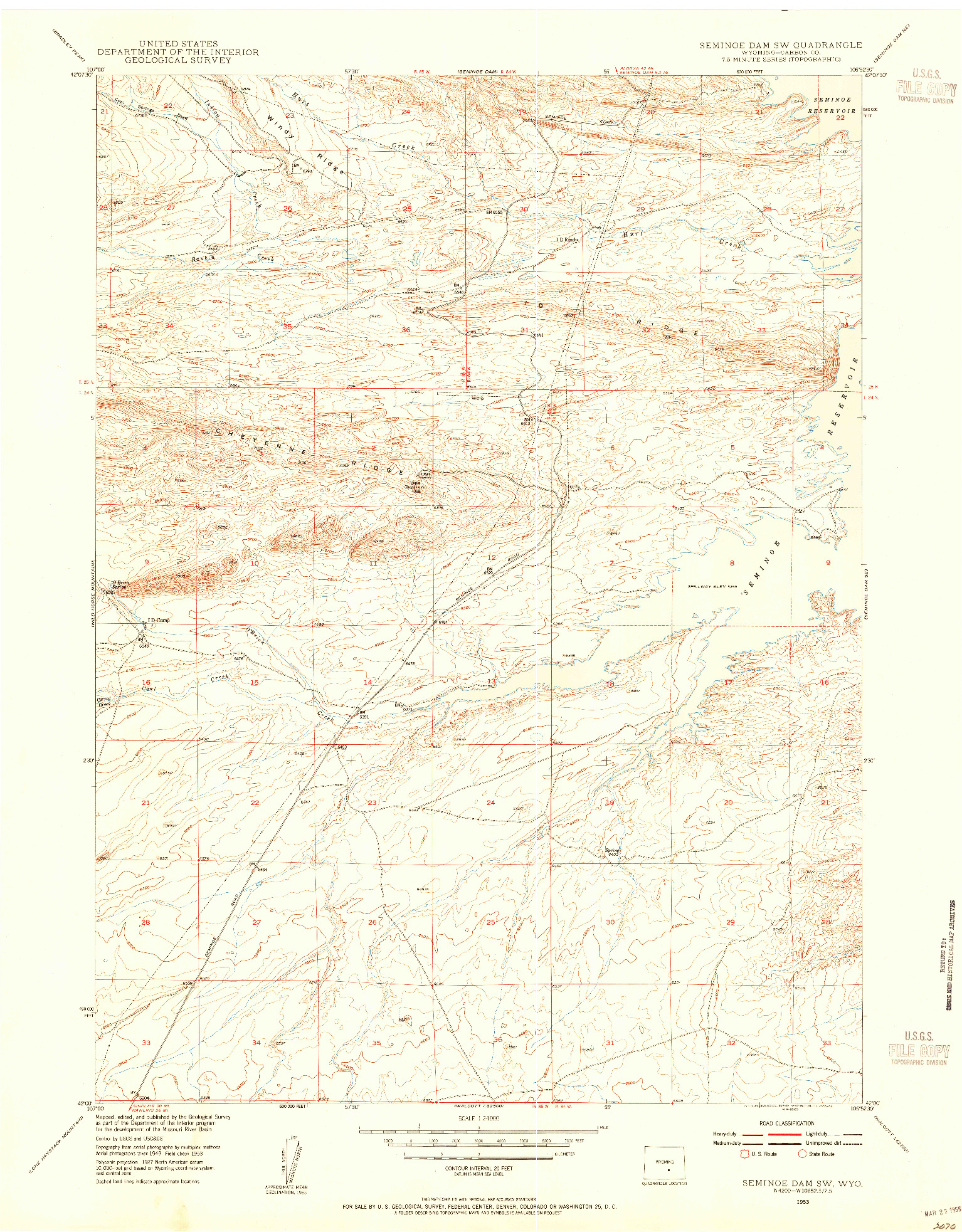 USGS 1:24000-SCALE QUADRANGLE FOR SEMINOE DAM SW, WY 1953