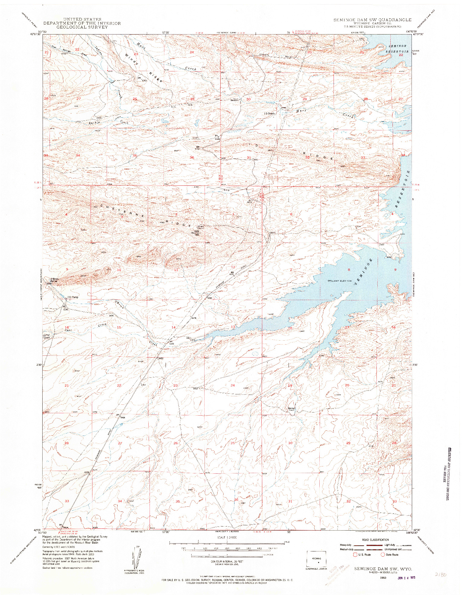 USGS 1:24000-SCALE QUADRANGLE FOR SEMINOE DAM SW, WY 1953