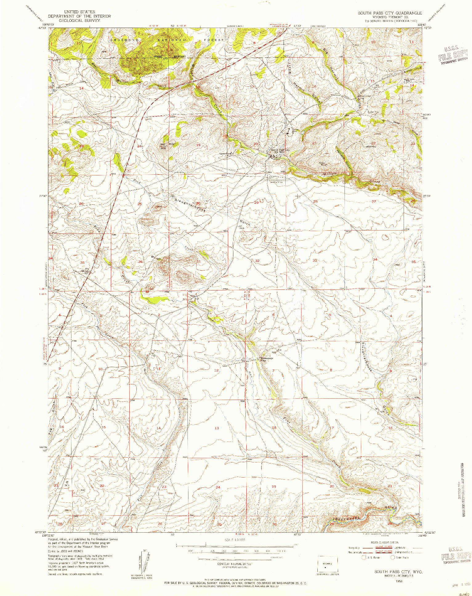 USGS 1:24000-SCALE QUADRANGLE FOR SOUTH PASS CITY, WY 1953