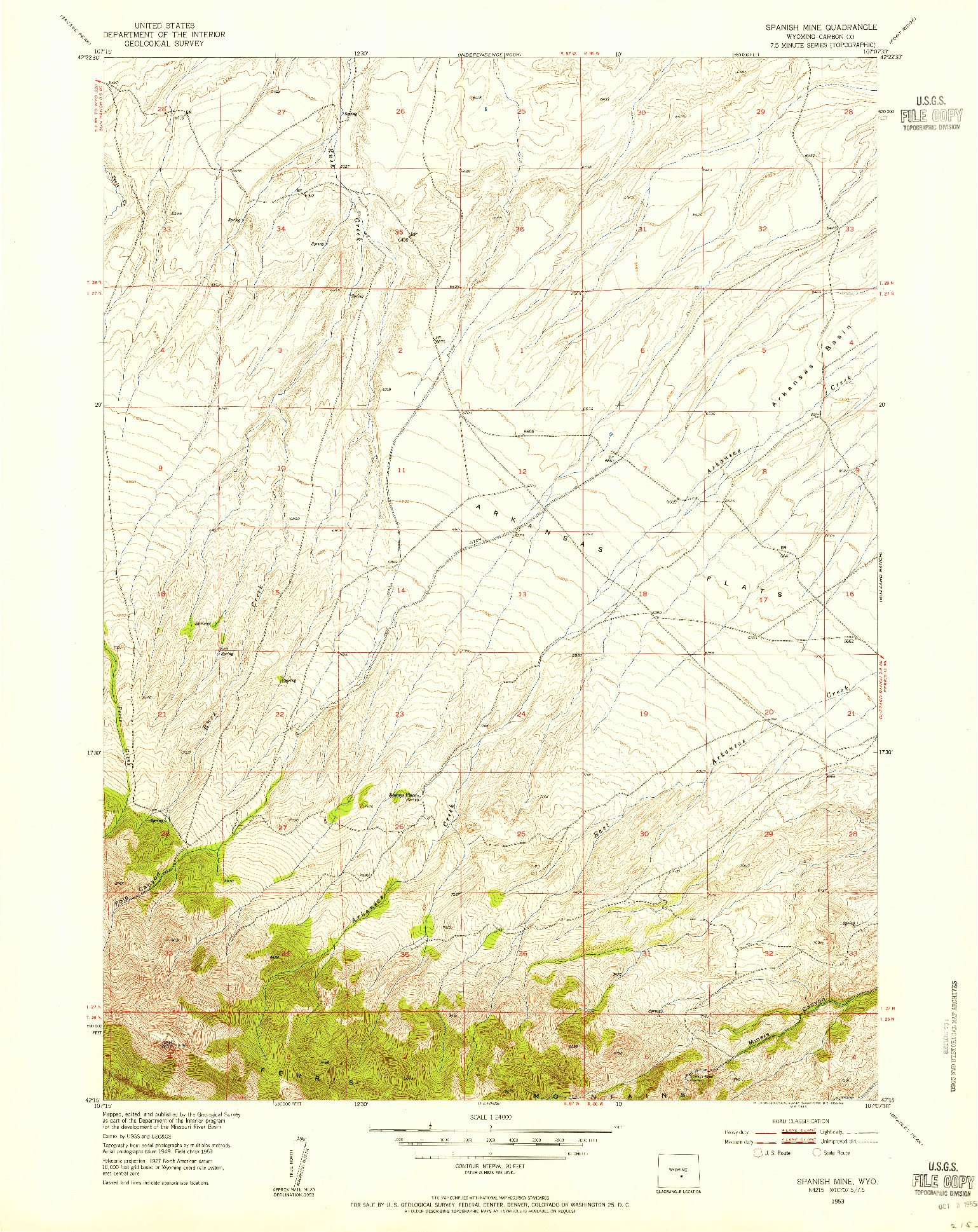 USGS 1:24000-SCALE QUADRANGLE FOR SPANISH MINE, WY 1953