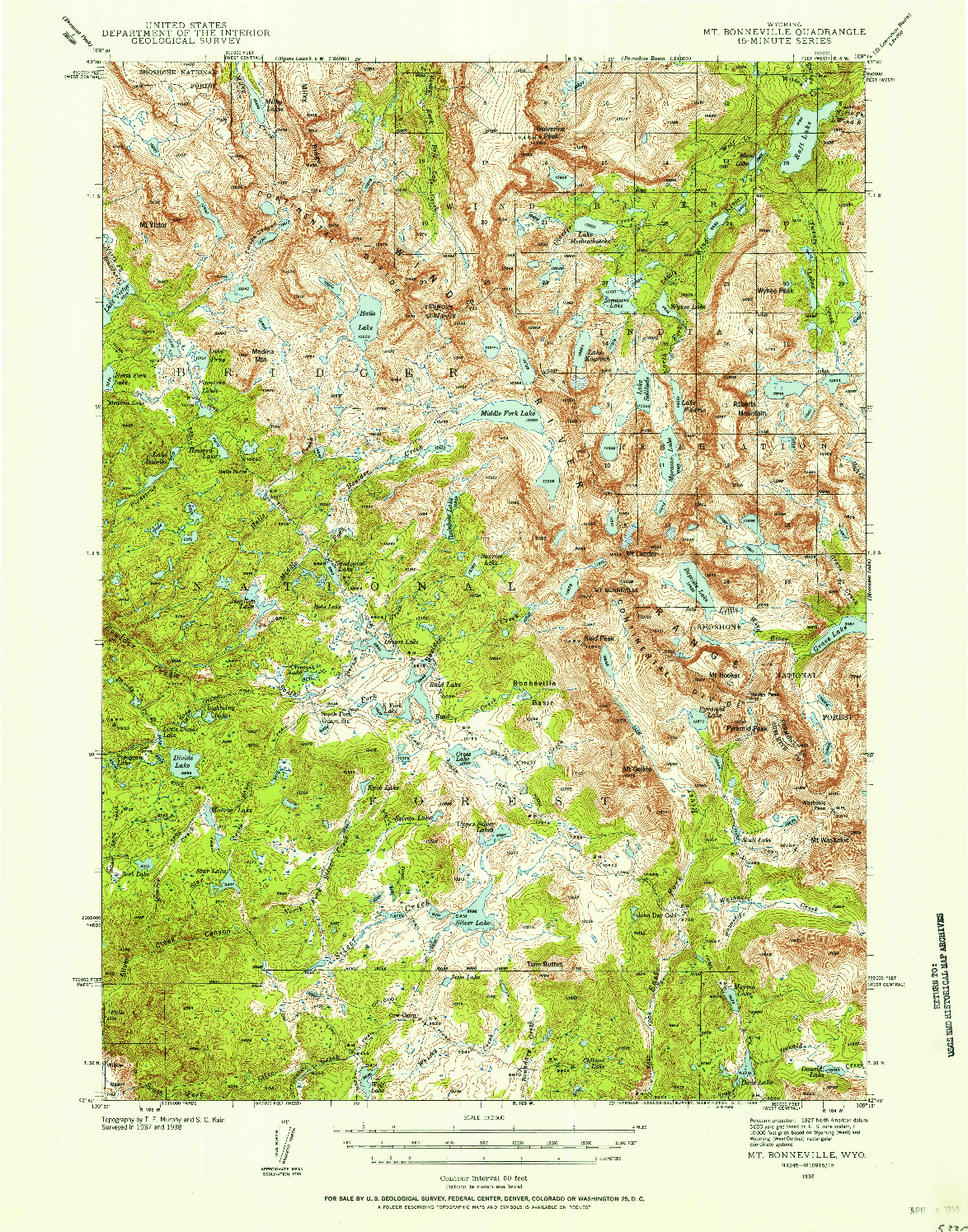 USGS 1:62500-SCALE QUADRANGLE FOR MT BONNEVILLE, WY 1938