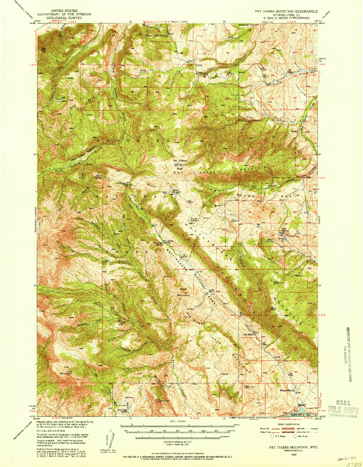 USGS 1:62500-SCALE QUADRANGLE FOR PAT O'HARA MOUNTAIN, WY 1949