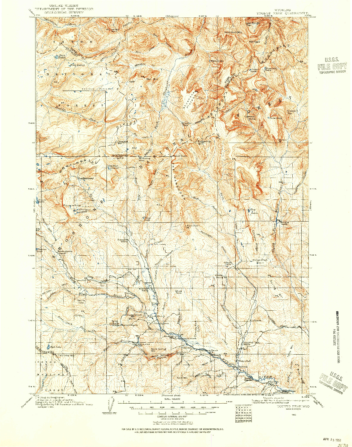 USGS 1:125000-SCALE QUADRANGLE FOR YOUNTS PEAK, WY 1905