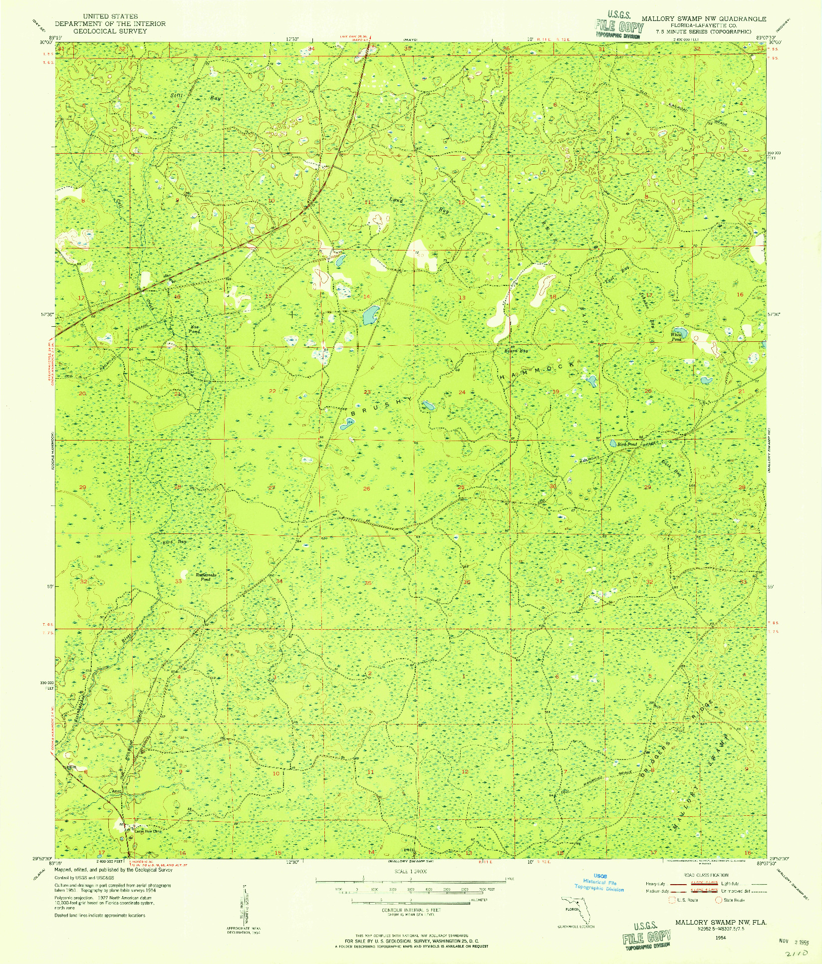 USGS 1:24000-SCALE QUADRANGLE FOR MALLORY SWAMP NW, FL 1954