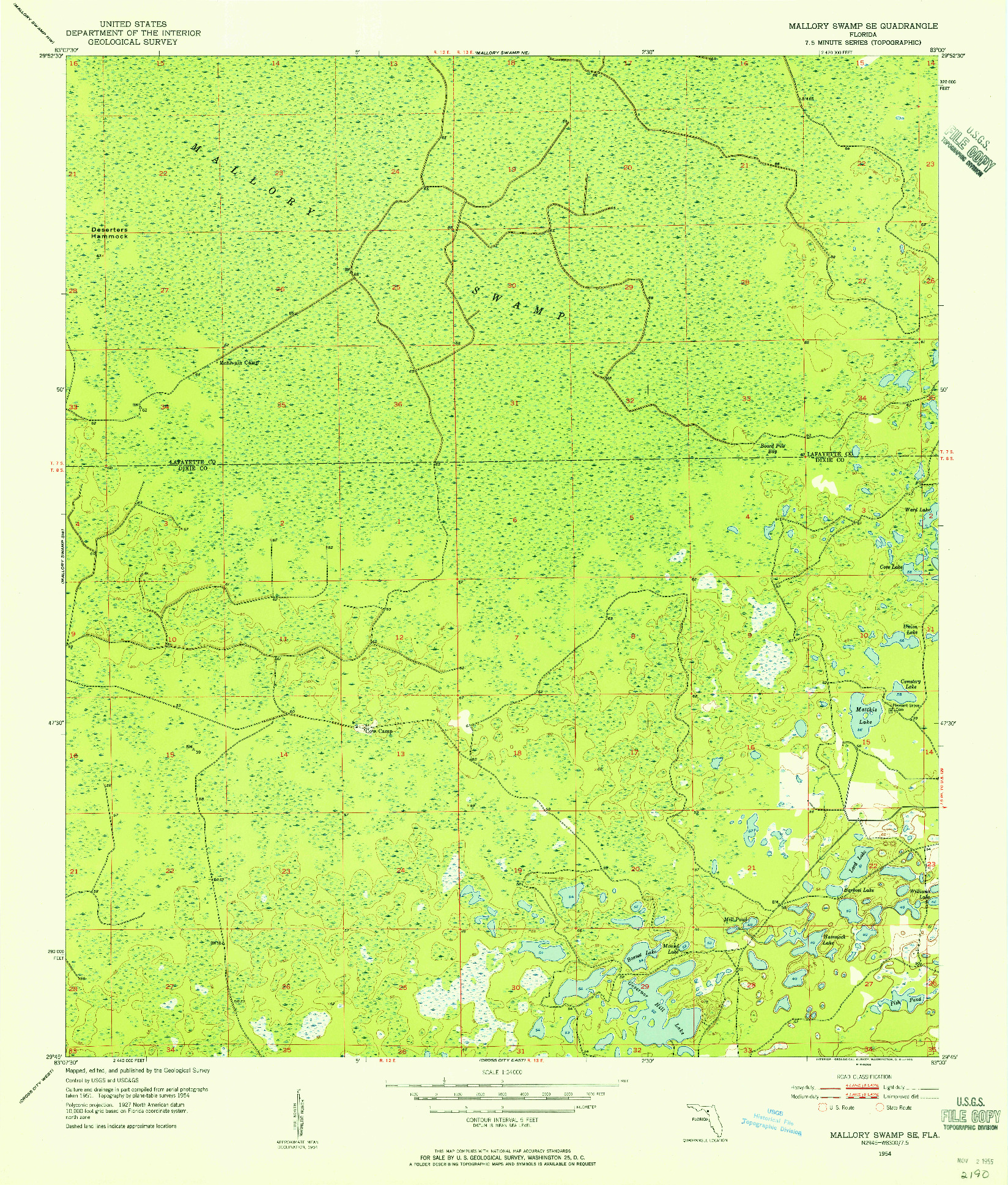 USGS 1:24000-SCALE QUADRANGLE FOR MALLORY SWAMP SE, FL 1954