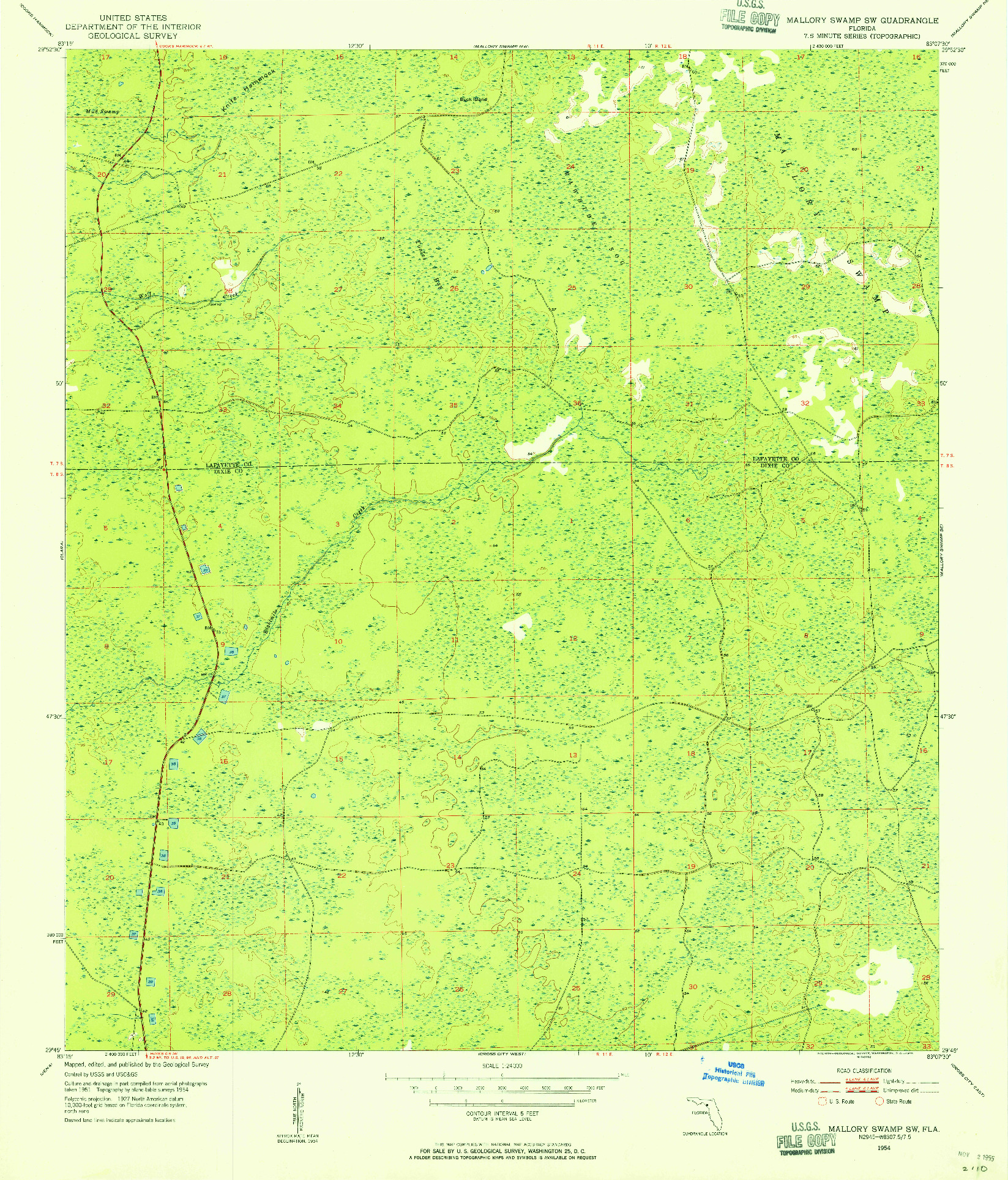 USGS 1:24000-SCALE QUADRANGLE FOR MALLORY SWAMP SW, FL 1954