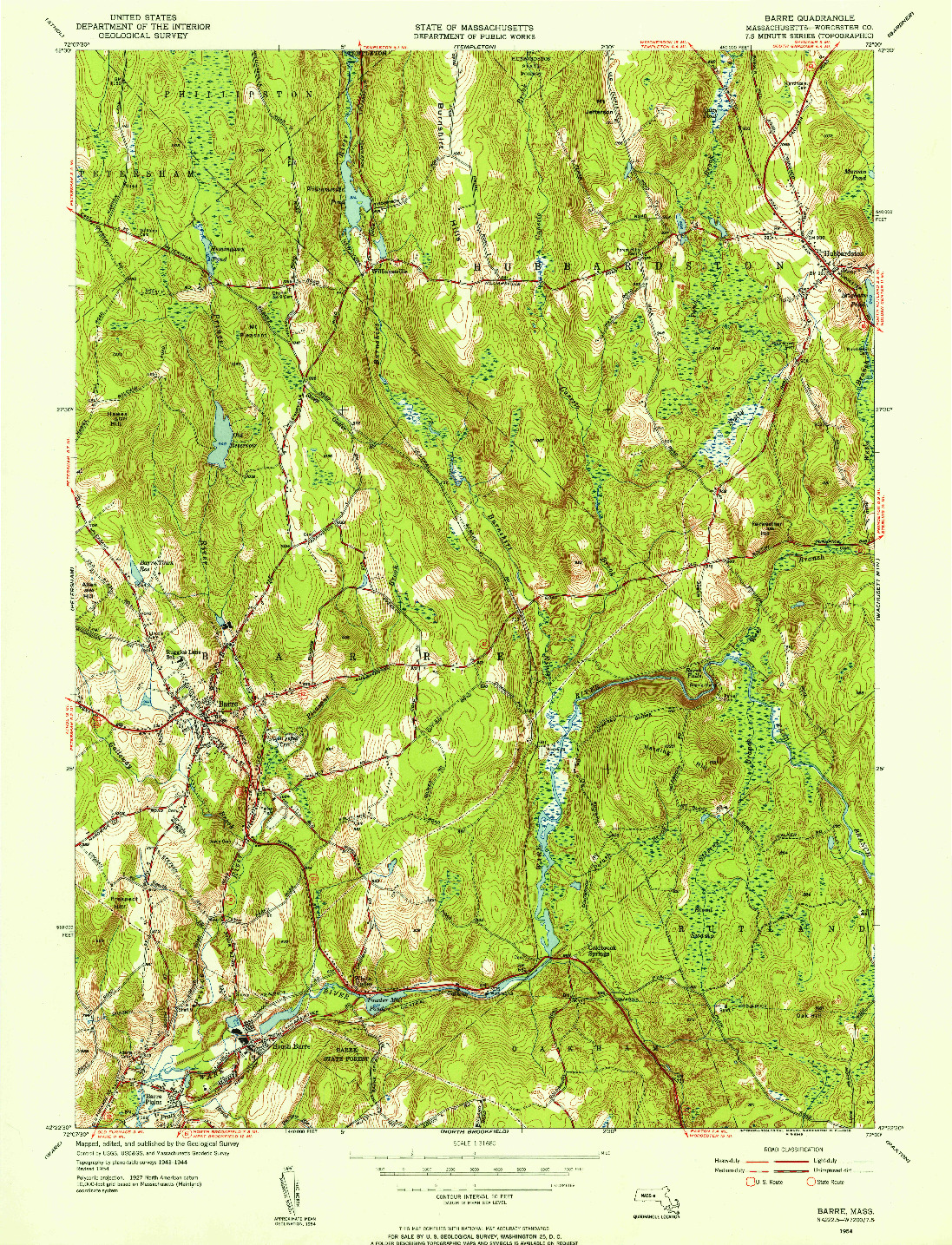 USGS 1:31680-SCALE QUADRANGLE FOR BARRE, MA 1954