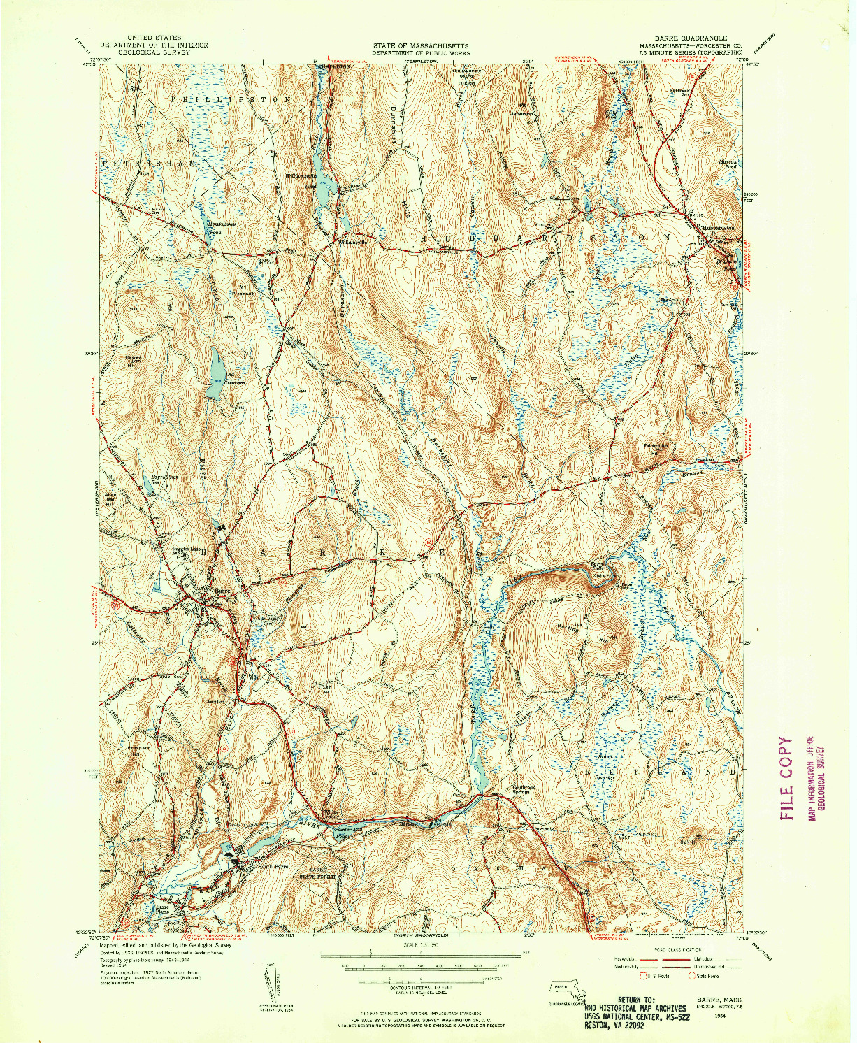 USGS 1:31680-SCALE QUADRANGLE FOR BARRE, MA 1954
