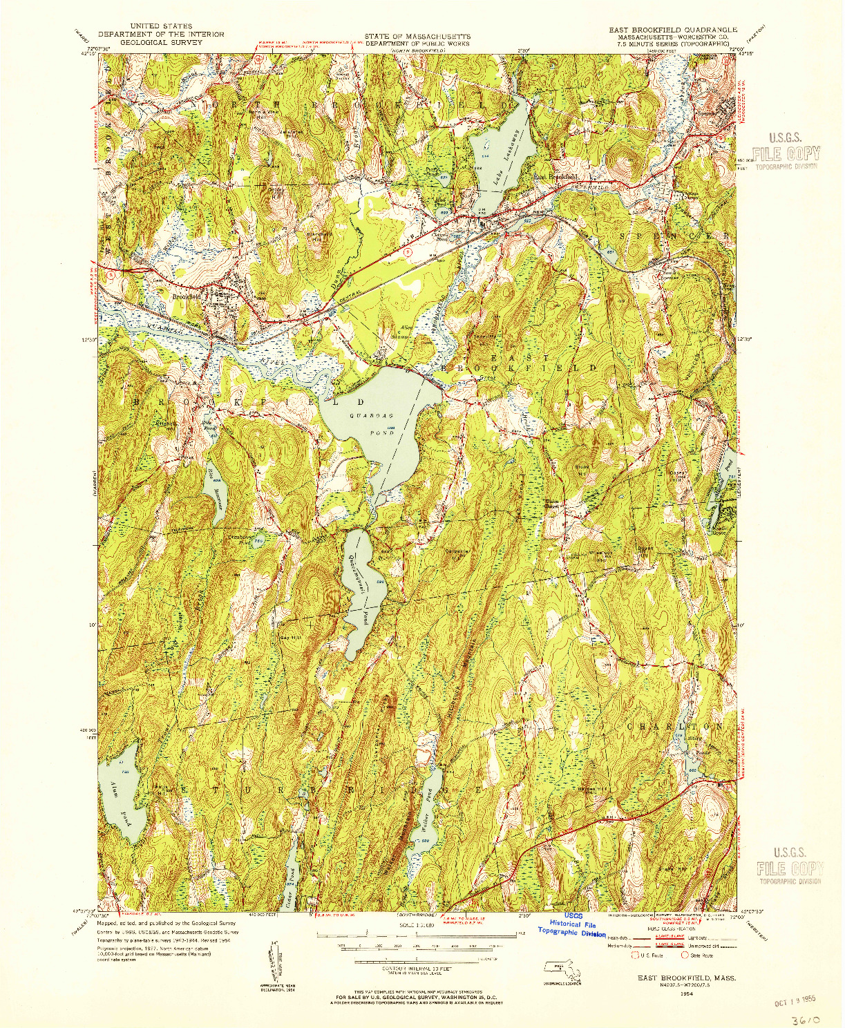 USGS 1:31680-SCALE QUADRANGLE FOR EAST BROOKFIELD, MA 1954
