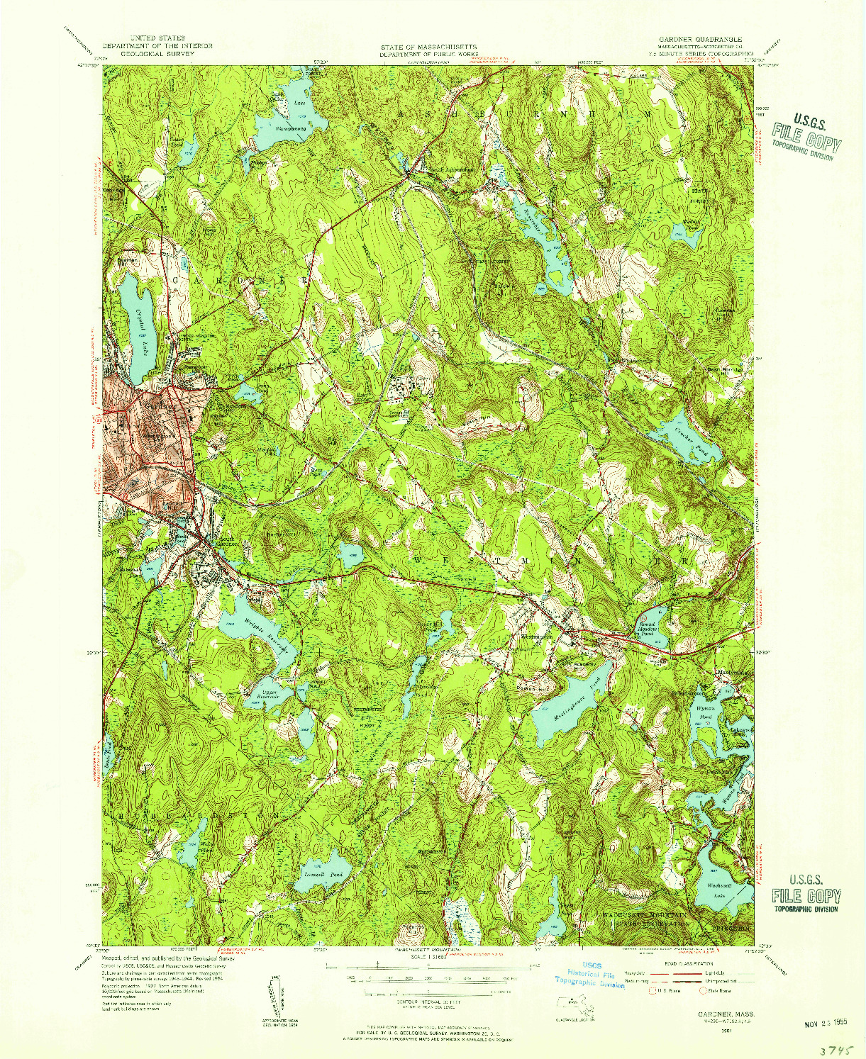USGS 1:31680-SCALE QUADRANGLE FOR GARDNER, MA 1954
