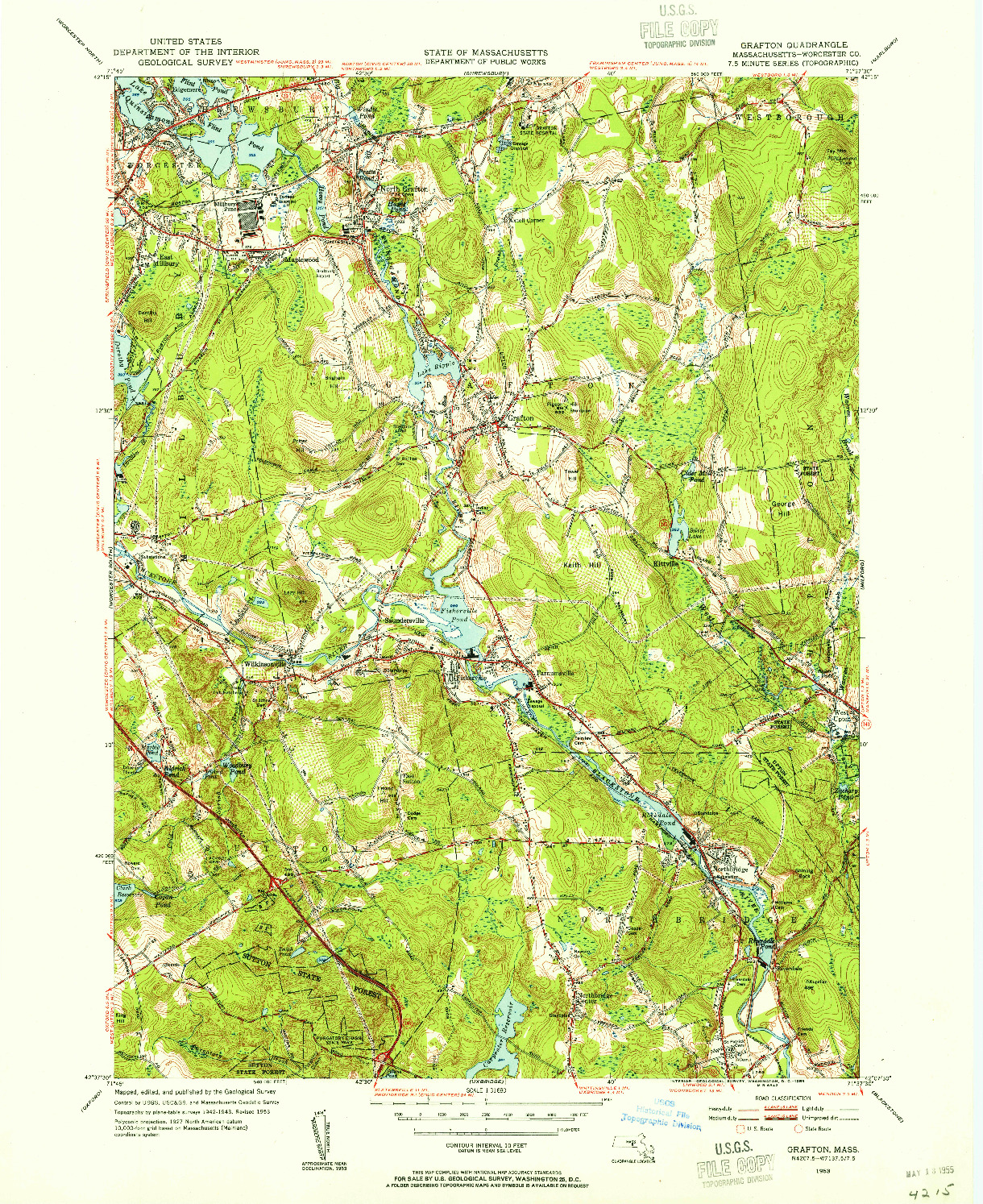 USGS 1:31680-SCALE QUADRANGLE FOR GRAFTON, MA 1953