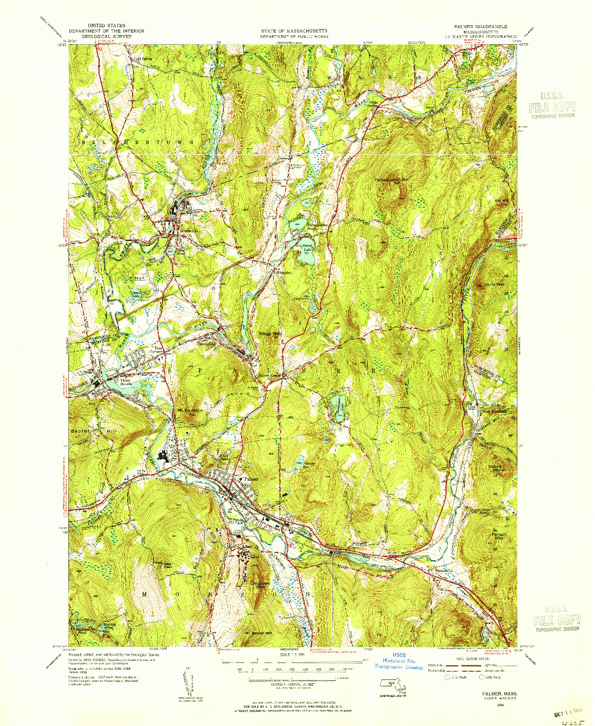 USGS 1:31680-SCALE QUADRANGLE FOR PALMER, MA 1954